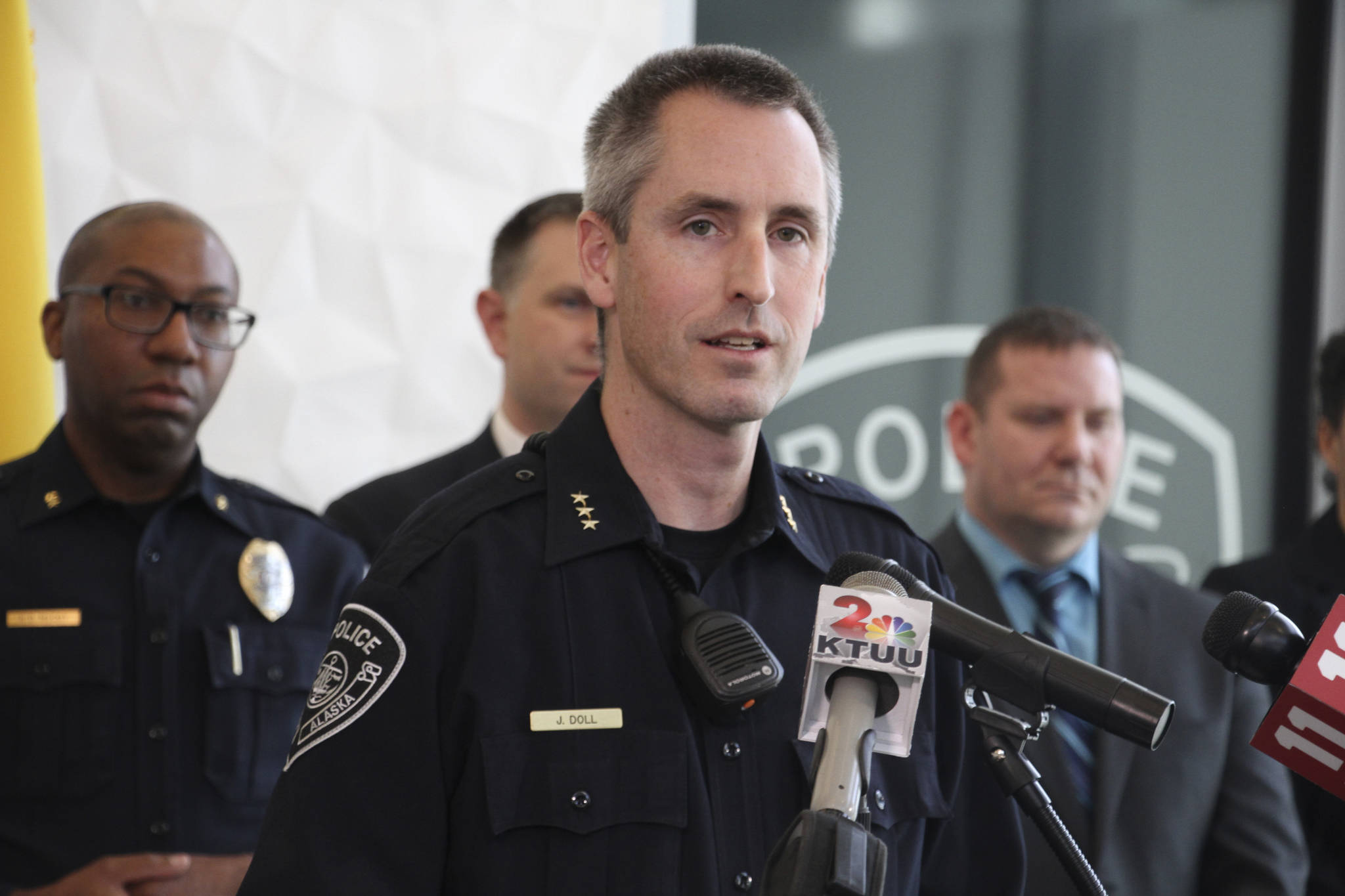 Anchorage Police Chief Justin Doll addresses reporters Thursday, Oct. 17, 2019, in Anchorage, Alaska, after a man accused of documenting the assault and death of Kathleen Henry in a hotel room on a memory card was indicted in a second death. A grand jury on Oct. 17 also indicted Brian Steven Smith in the death of Veronica Abouchuk. (AP Photo/Mark Thiessen)