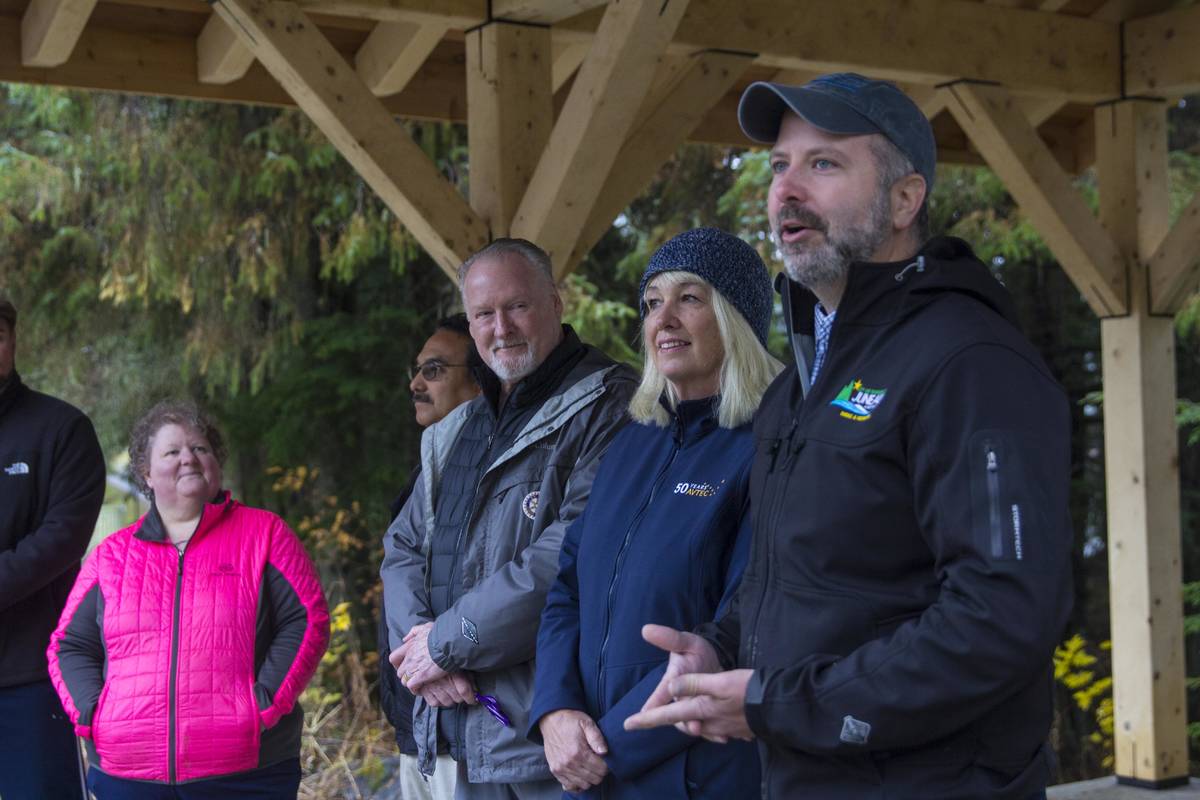 City and Borough of Juneau Parks and Recreation Director George Schaaf speaks during the opening of the new pavilion at Auke Lake. (Michael S. Lockett | Juneau Empire)