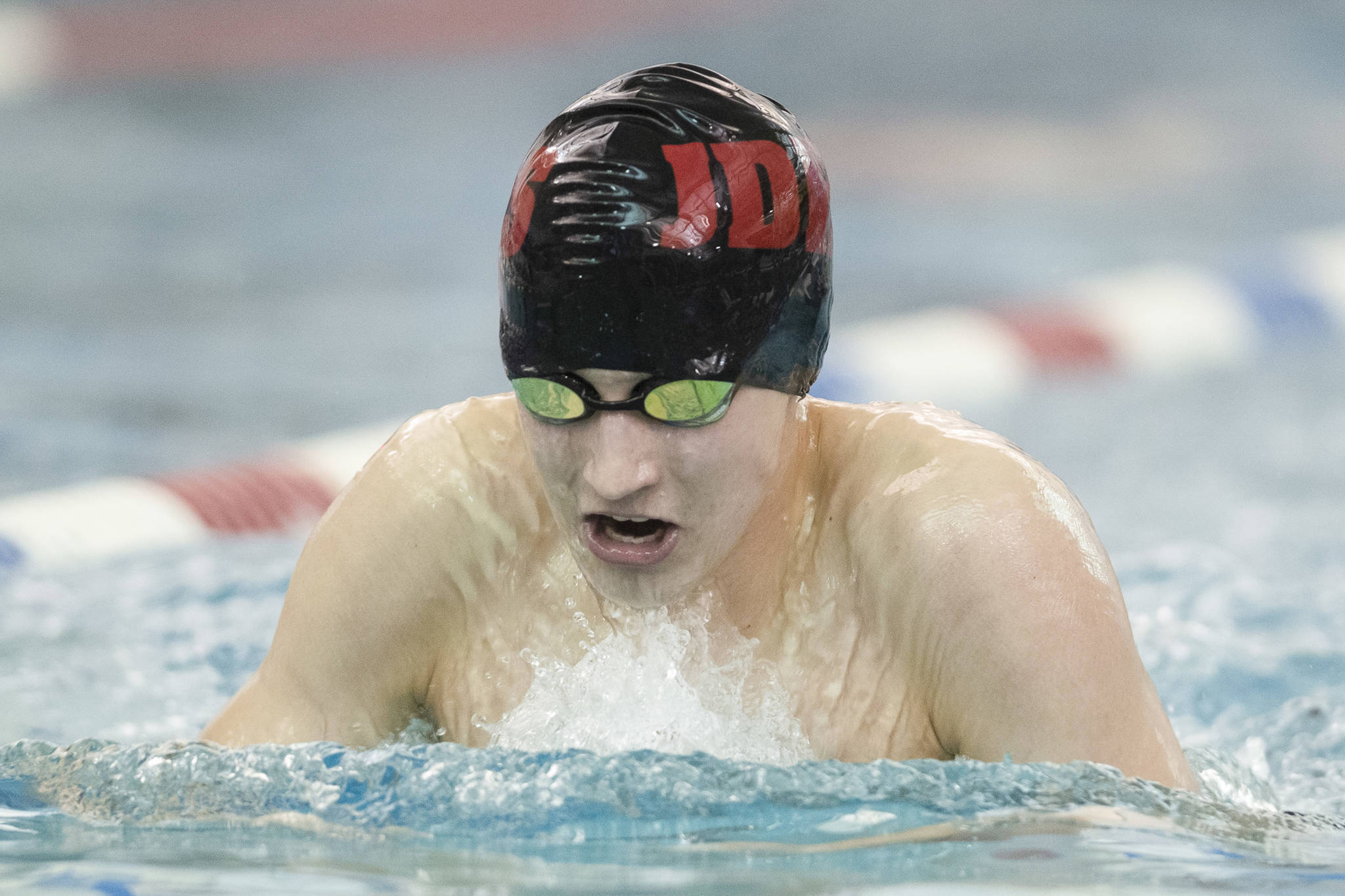 Juneau-Douglas Chaz VanSlyke competes in the 200 Yard IM at the Juneau Invitational Swim Meet at the Dimond Park Aquatic Center on Friday, Sept. 20, 2019. (Michael Penn | Juneau Empire File)