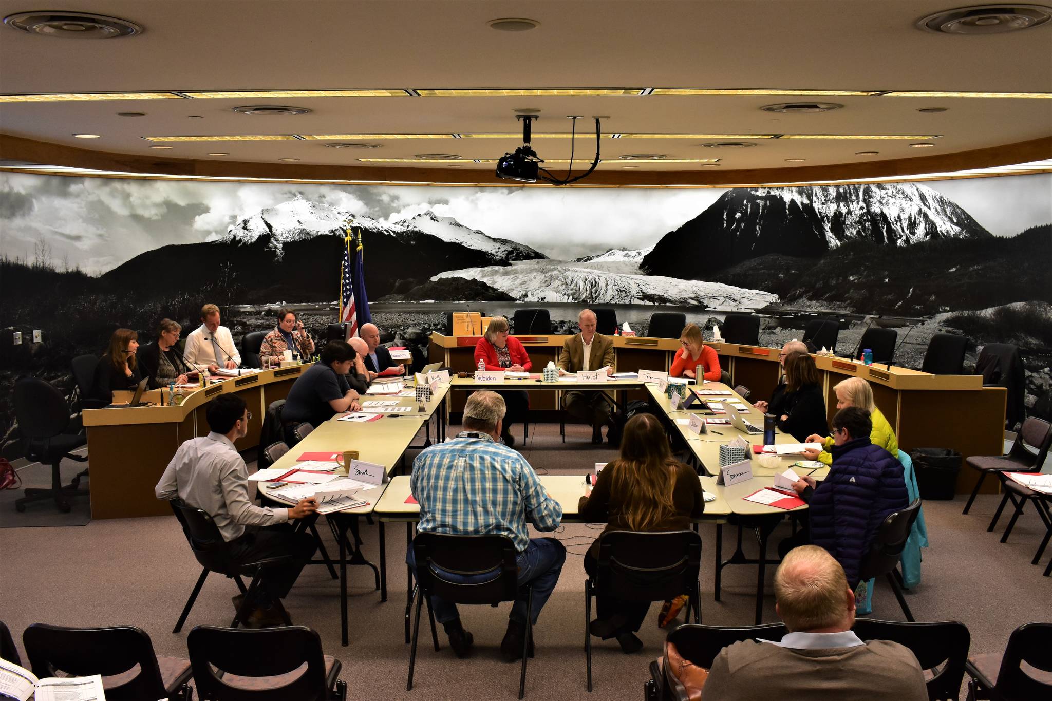 Members of the City Assembly and Board of Education meet at Juneau City Hall on Monday, Oct. 28, 2019. (Peter Segall | Juneau Empire)