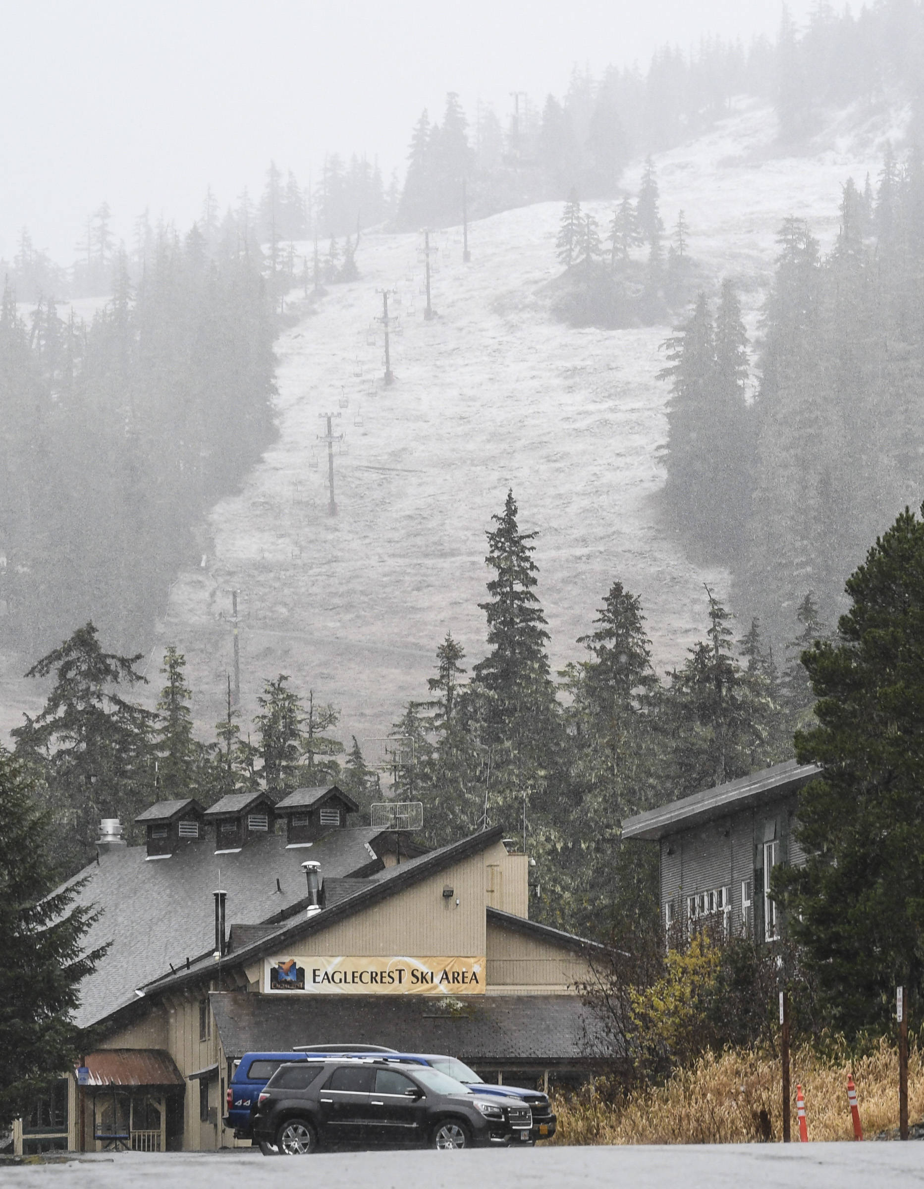 Fresh snow hits the lower slopes at the Eaglecrest Ski Area on Tuesday, Oct. 29, 2019. (Michael Penn | Juneau Empire)