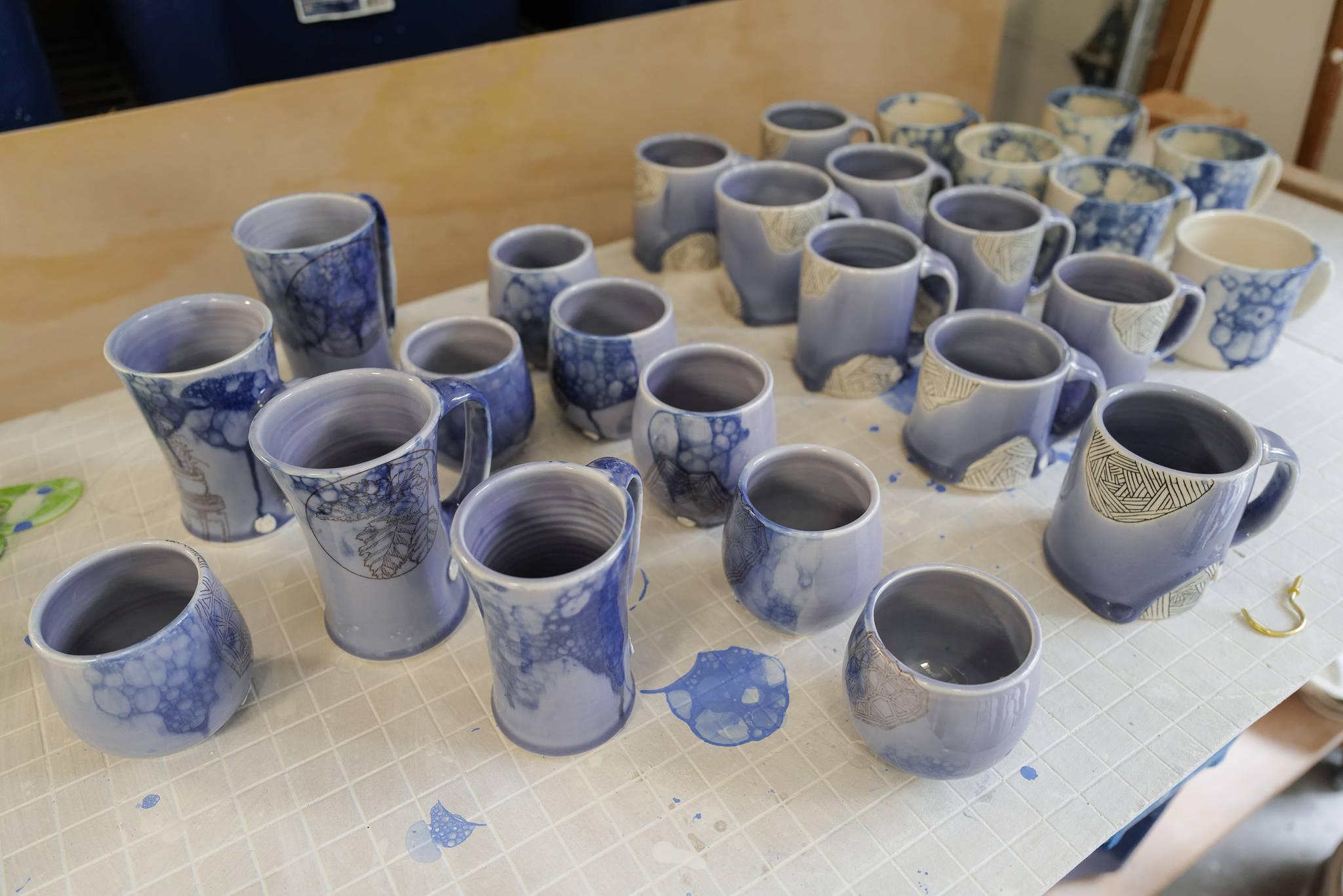 Ceramic cups freshly out of Mercedes Muñoz’s home studio kiln on Monday, Oct. 28, 2019. (Michael Penn | Juneau Empire)