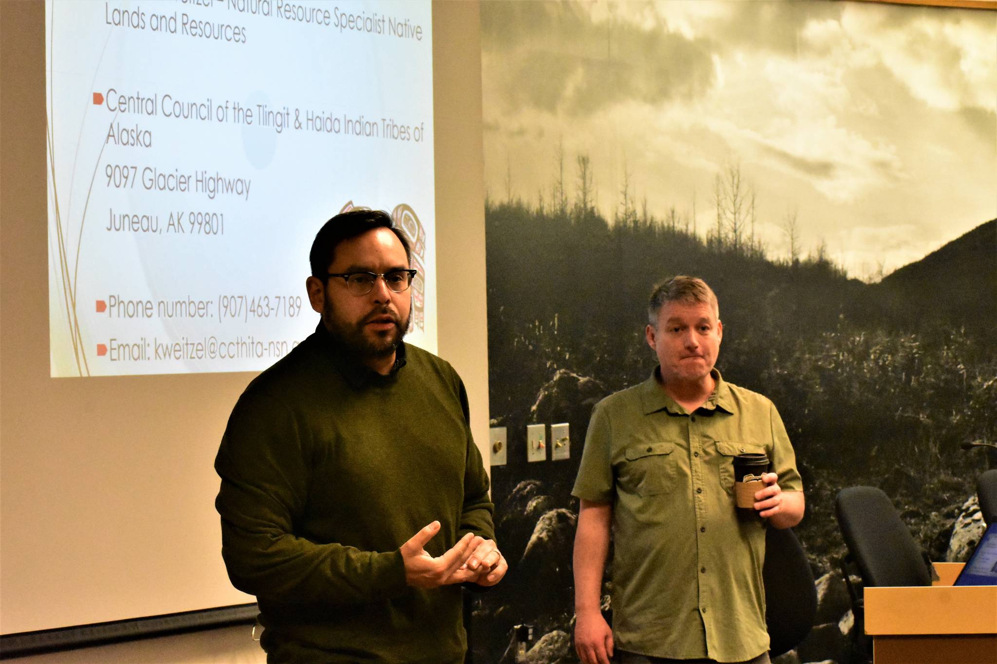 Raymond Paddok, left, and Kenneth Weitzel of Central Council of the Tlingit & Haida Indian Tribes of Alaska, present on the Climate Change Adaptation Plan on Wednesday, Oct. 30, 2019. (Peter Segall | Juneau Empire)