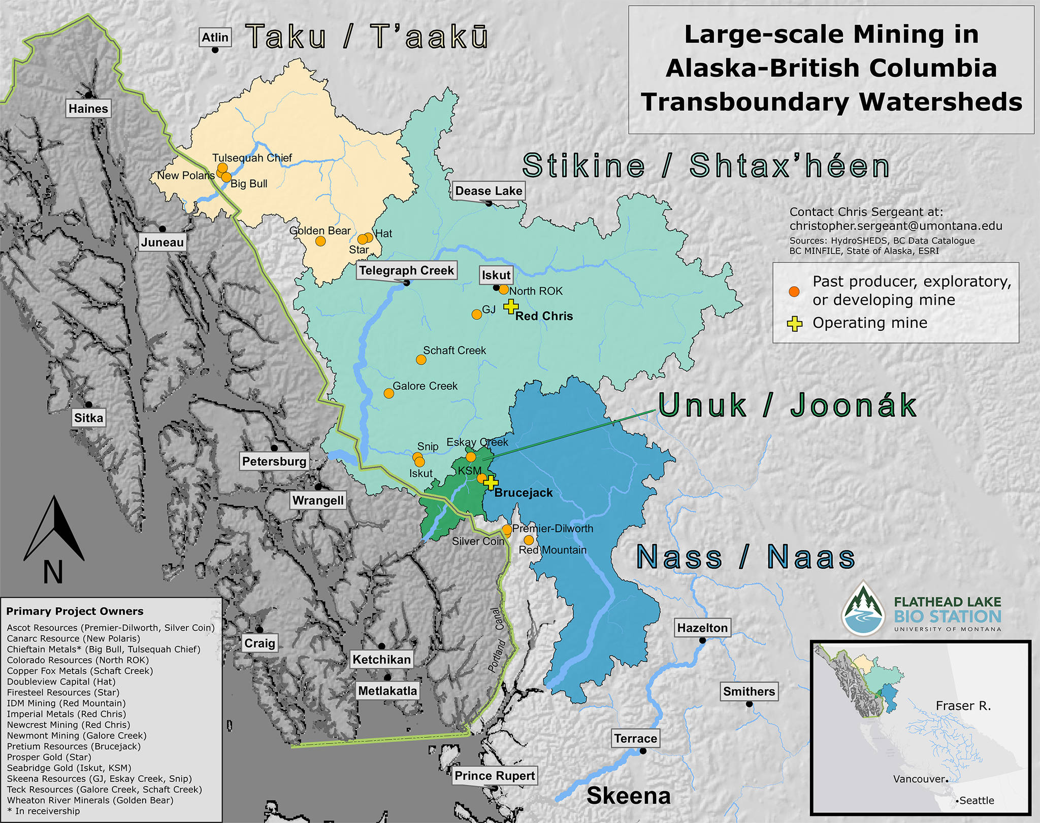 A map showing the locations of transboundary watersheds and the mining developments within them produced by Chris Sergeant. (Courtesy Photo | Chris Sergeant)