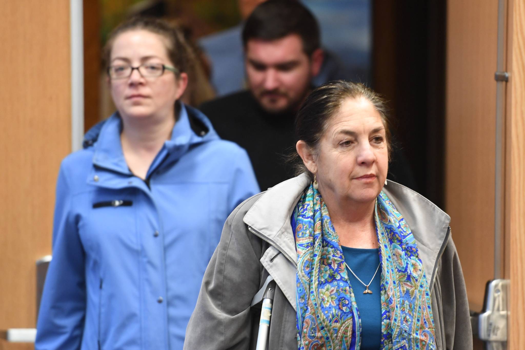 Loretto Lee Jones, 65, right, walks out of Juneau Superior Court on Friday, Nov. 1, 2019, with her attorney, Deborah Macaulay, of the Public Defender Agency, after a jury verdict of guilty in her trial on PFD felony theft and fraud. The two charges stem from allegations that Jones filed for her PFD payout in 2016 — $1,022 — while having resided outside the state for more than 180 days. (Michael Penn | Juneau Empire)