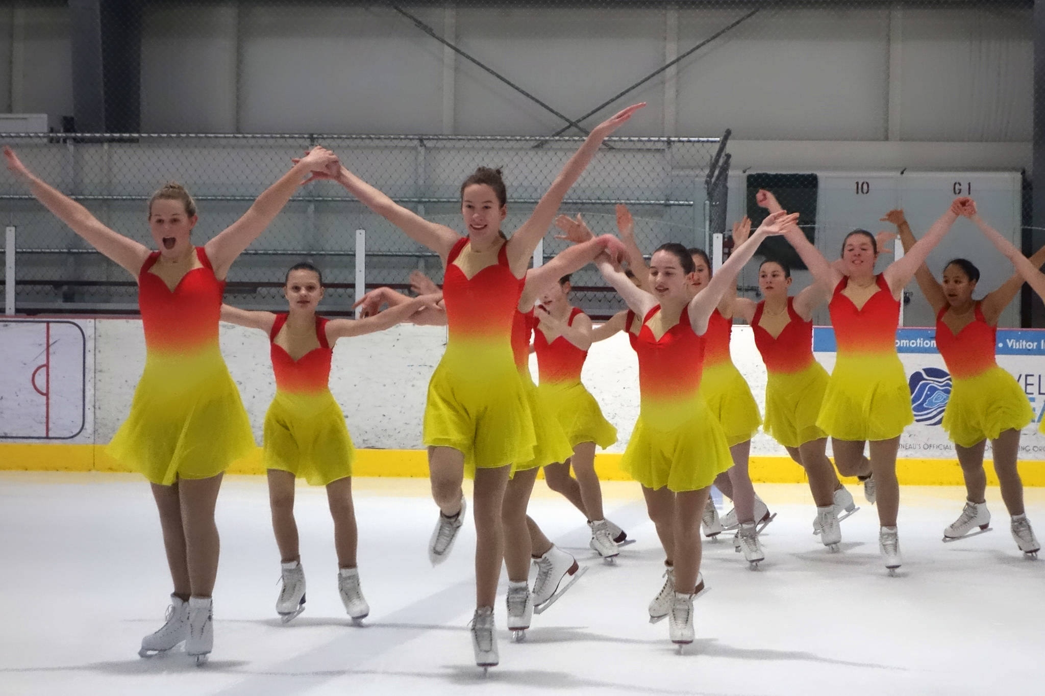 Team Forget Me Not, a synchronized figure skating team, practices before a performance at Treadwell Arena, Saturday, Nov. 2, 2019. (Ben Hohenstatt | Juneau Empire)