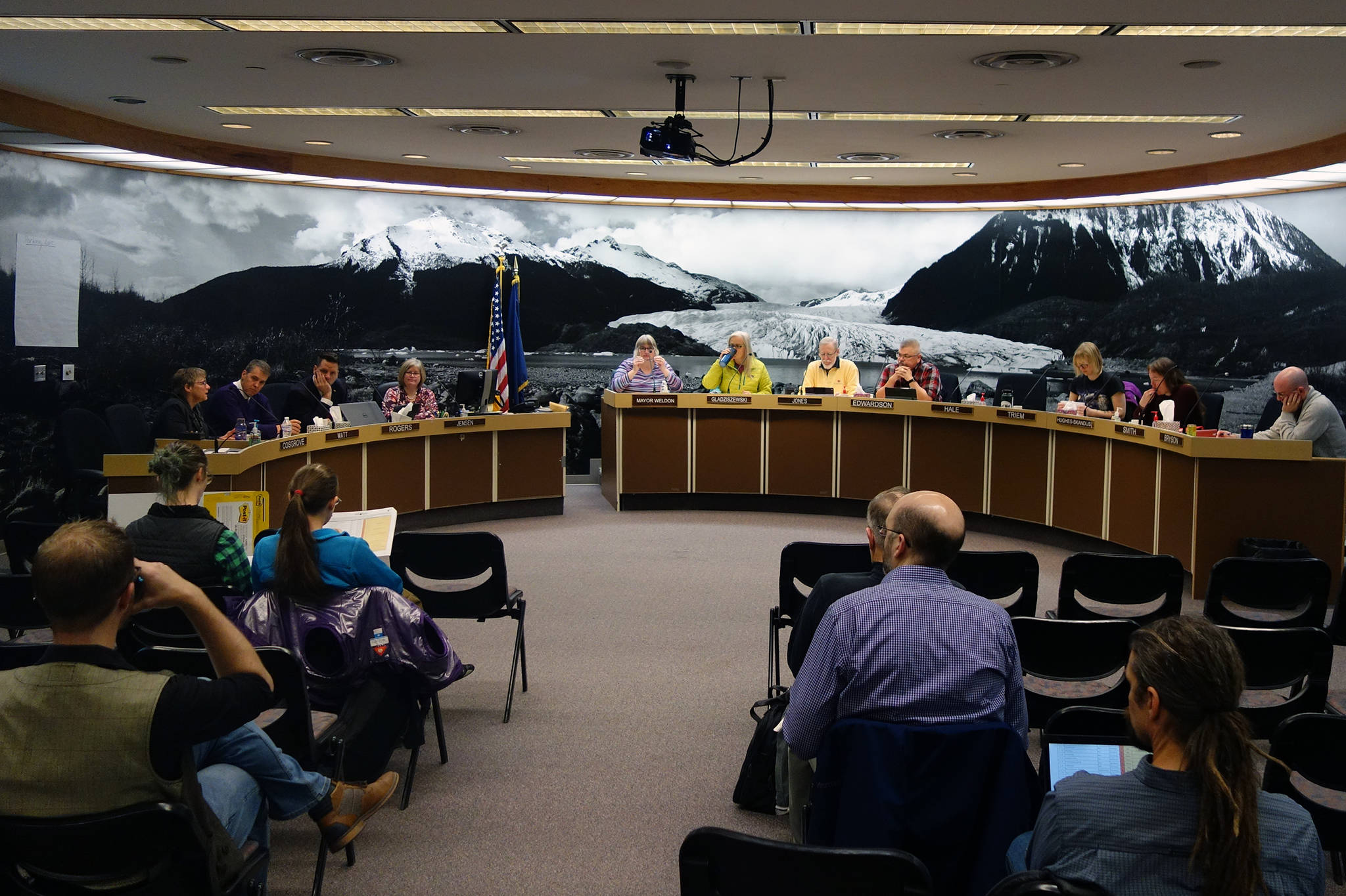 City and Borough of Juneau Assembly Finance Committee didn’t spend Saturday morning alone. About a dozen people were in attendance as the city reviewed its spending priorities. (Ben Hohenstatt | Juneau Empire)