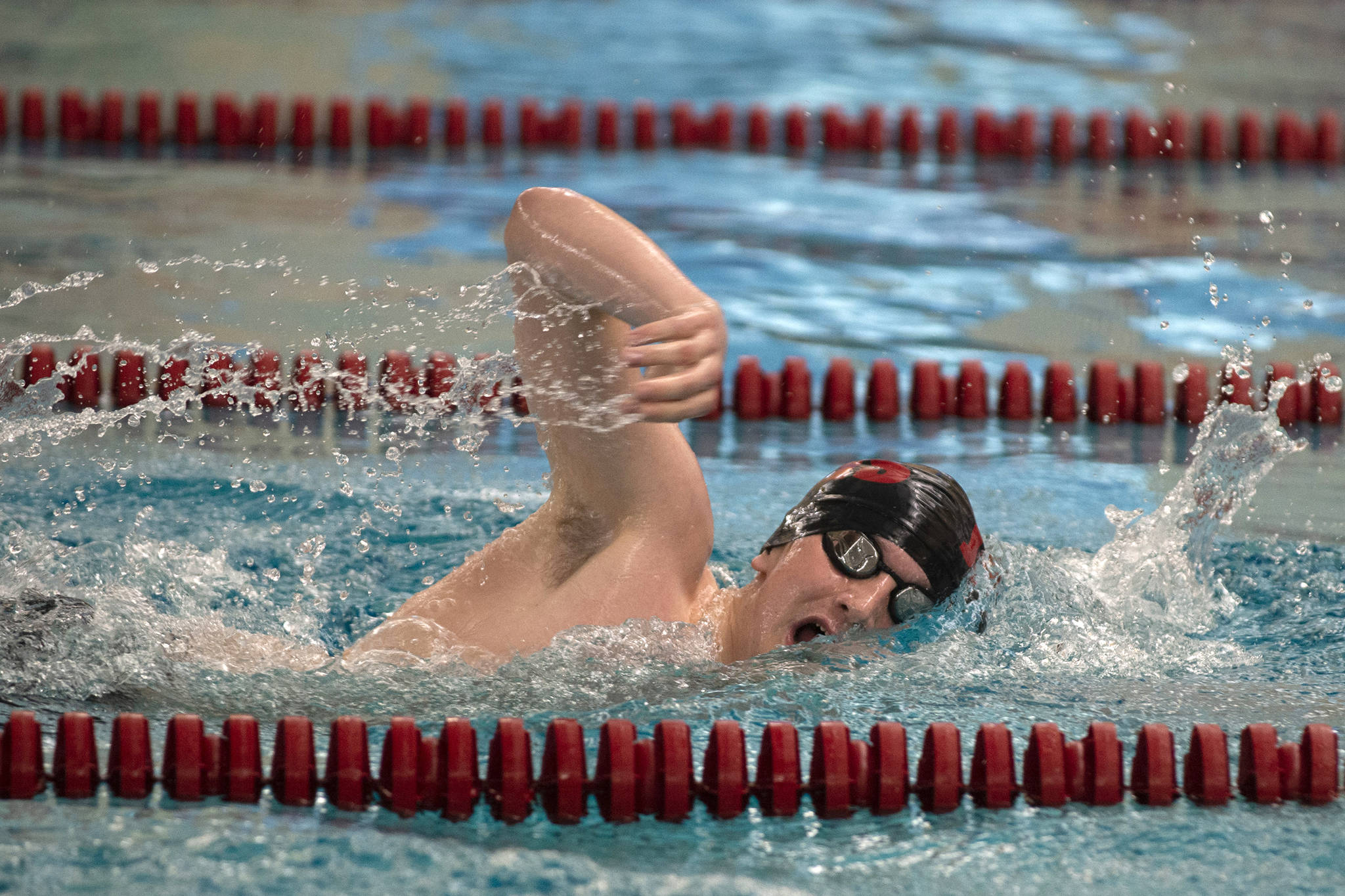Juneau Douglas’ Caleb Peimann swims in the 500-yard freestyle final in the Region V Swimming and Diving Championships in Sitka on Saturday, Nov. 2, 2019. Peimann placed second with a time of 4 minutes, 50.13 seconds. (James Poulson | Sitka Sentinel)