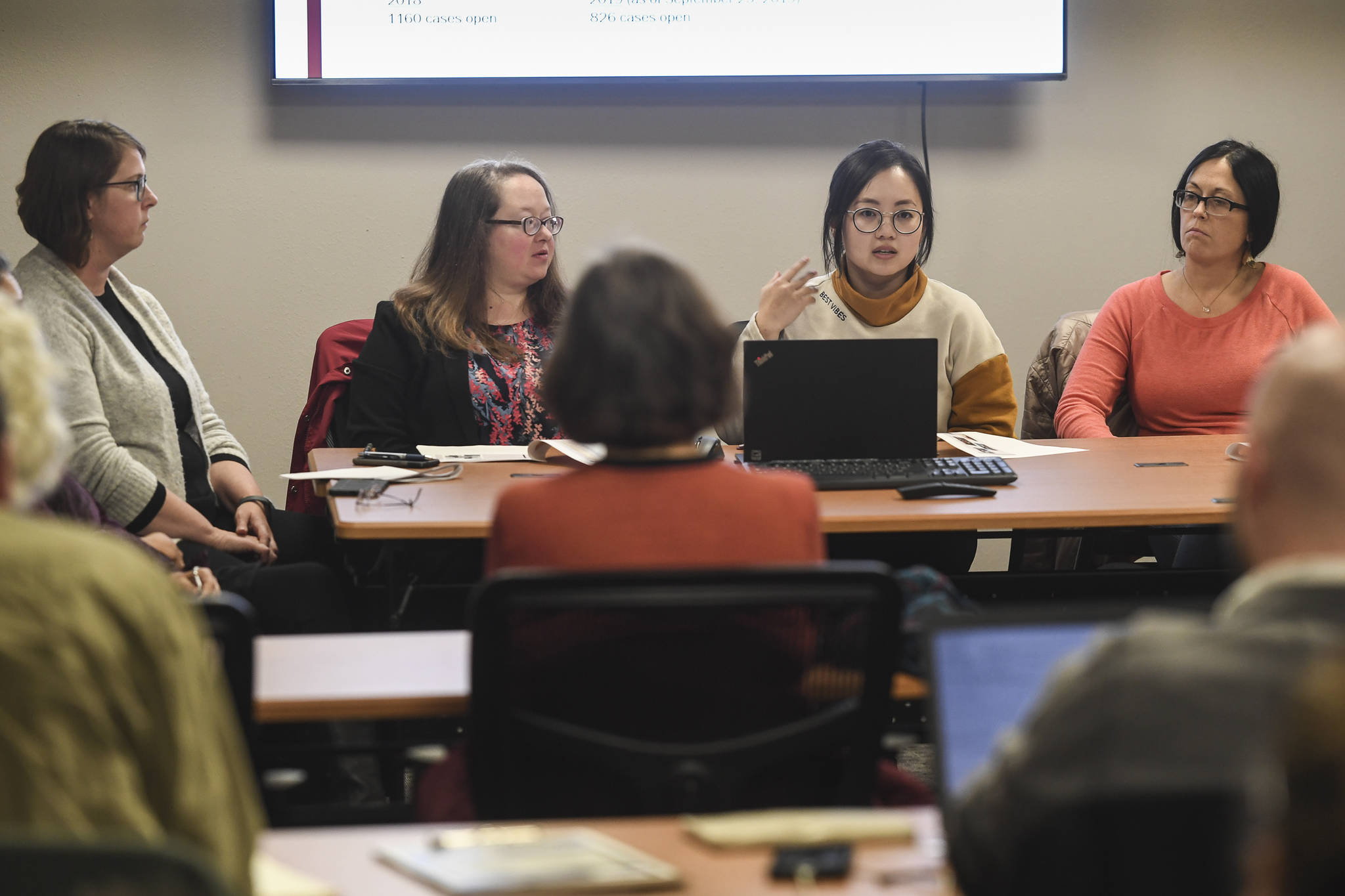 Defense attorney Grace Lee, second from right, speaks during a presentation on Juneau’s Therapeutic Court at Juneau Alliance For Mental Health Inc (JAMHI) on Tuesday, Nov. 5, 2019. CBJ Prosecuter Emily Wright, left, Assistant District Attorney Dara Gibson, second from left, and Probation Officer/Case Manager Autumn Flaningam, right, are also shown and spoke. Inside Passages is a mental health speaker series sponsored by National Alliance on Mental Illness (NAMI) Juneau. (Michael Penn | Juneau Empire)