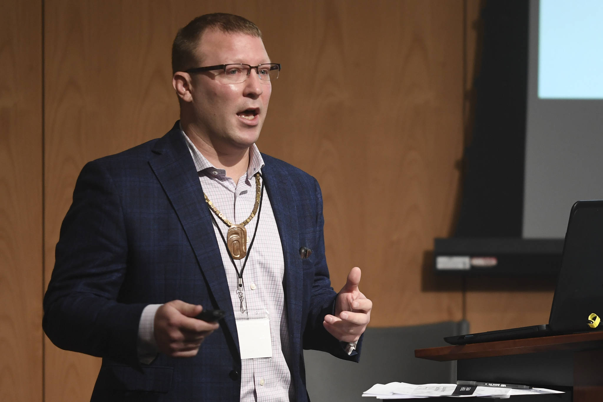 Lee Kadinger, Chief of Operations for Sealaska Heritage Institute, speaks about sustainable use of sea otter pelts at the Southeast Sea Otter Stakeholder meeting at the Andrew P. Kashevaroff Building on Wednesday, Nov. 6, 2019. (Michael Penn | Juneau Empire)