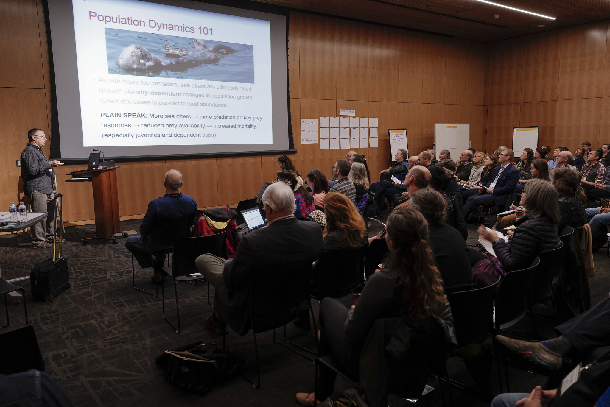 Tim Tinker with Nhydra Ecological Consulting speaks about sea otter populations in Southeast Alaska at the Southeast Sea Otter Stakeholder meeting at the Andrew P. Kashevaroff Building on Wednesday, Nov. 6, 2019. (Michael Penn | Juneau Empire)