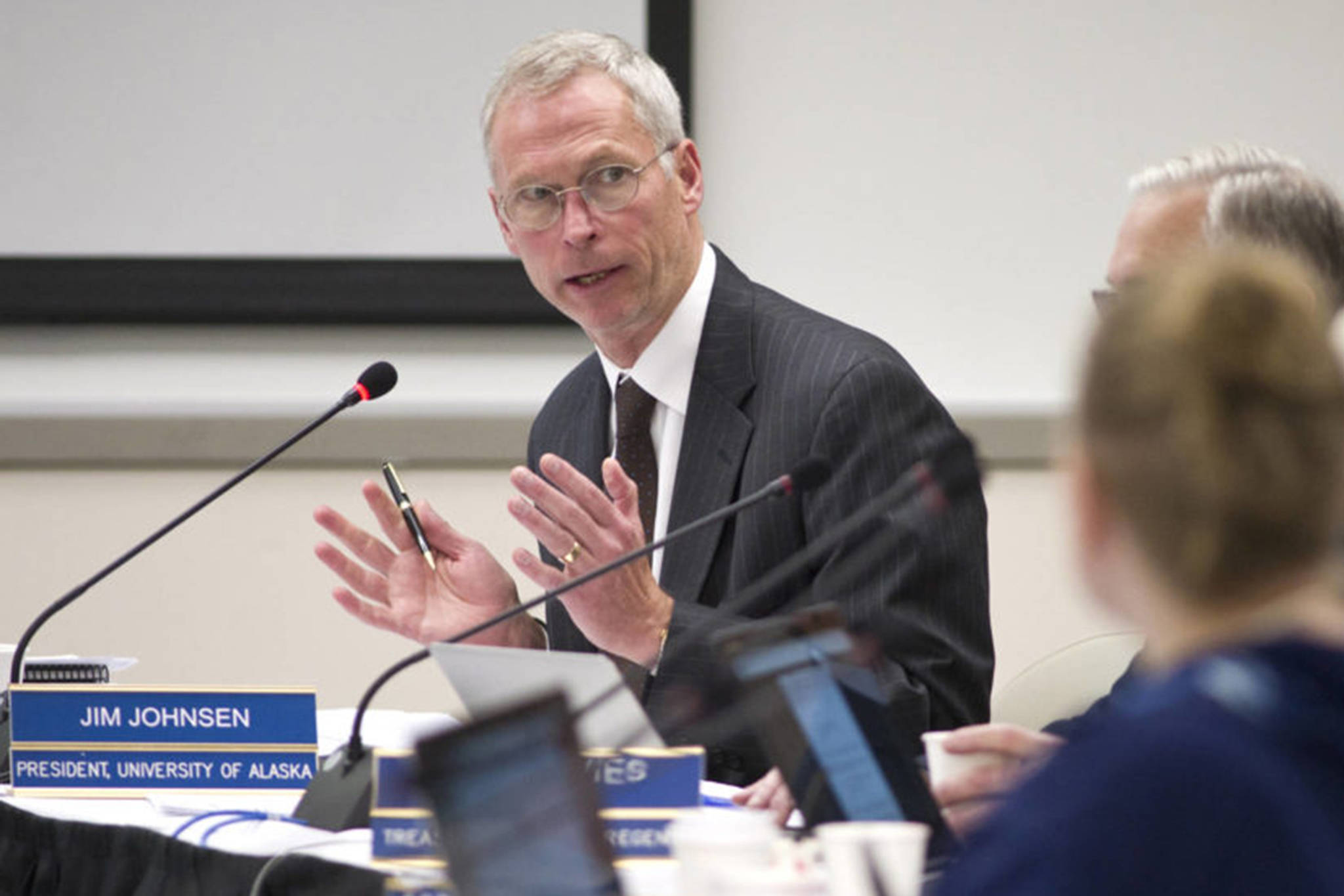 In this file photo from Sept. 15, 2016, University of Alaska President Jim Johnsen makes a presentation to the universitys Board of Regents at the University of Alaska Southeast Recreation Center. Johnsen and the UA board discussed tuition increases and budget concerns Friday. (Michael Penn | Juneau Empire File)
