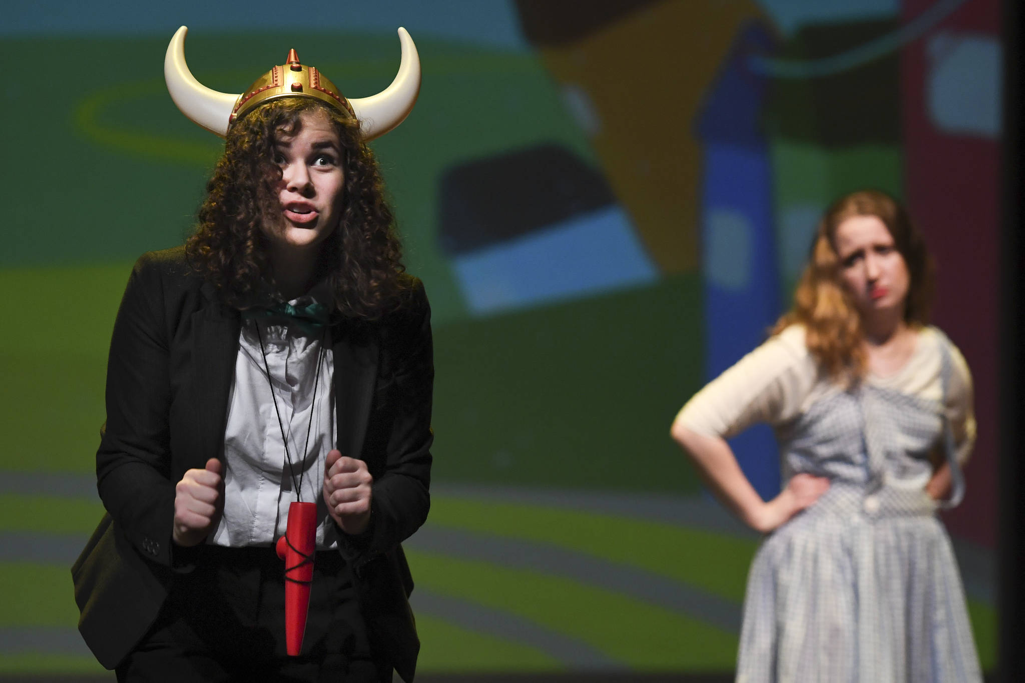 Narrator Nigel Dee, played by Dorothy Kuterbach, left, and Dorothy Gale, played by Devin Moorehead, during rehearsal for the Thunder Mountain High School production of “Choose Your Own Oz” at TMHS on Friday, Nov. 8, 2019. (Michael Penn | Juneau Empire)                                Narrator Nigel Dee, played by Dorothy Kuterbach, left, and Dorothy Gale, played by Devin Moorehead, during rehearsal for the Thunder Mountain High School production of “Choose Your Own Oz” at TMHS on Friday, Nov. 8, 2019. (Michael Penn | Juneau Empire)