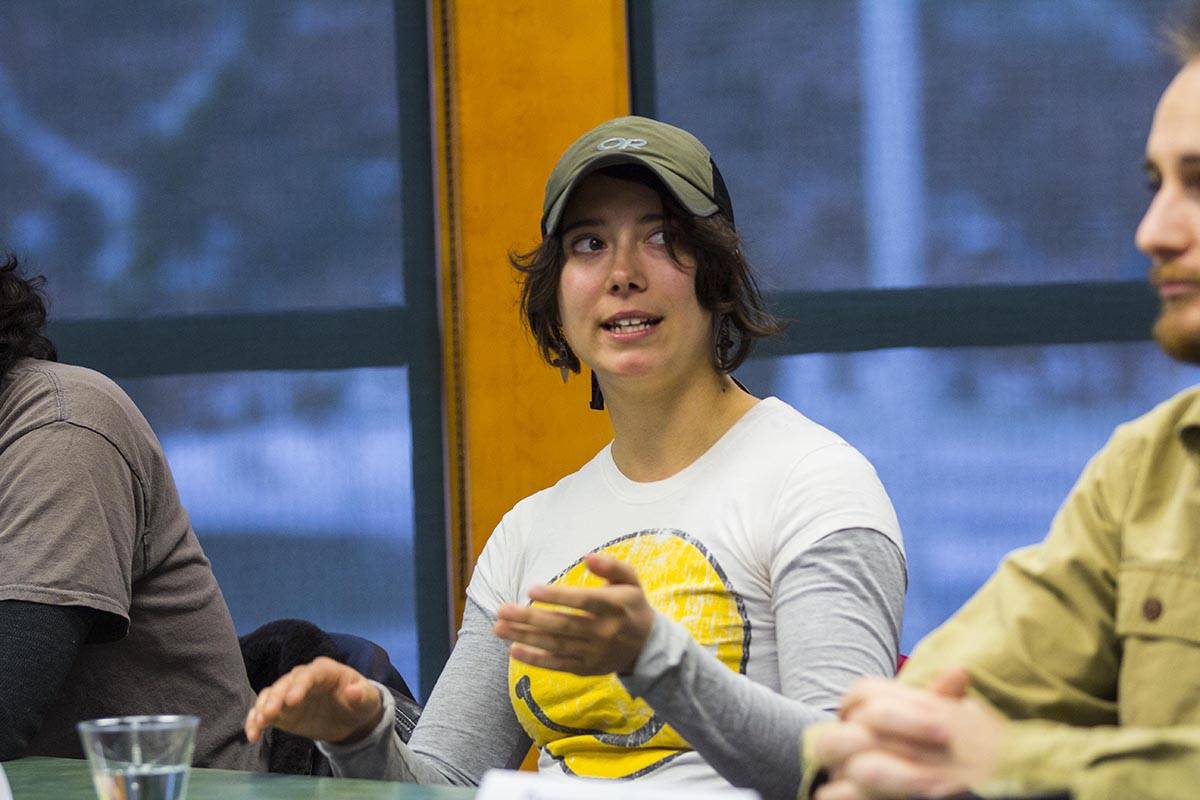 Tori Best, an elementary education major and former Marine combat engineer, answers a question during a panel of student veterans as part of a Veterans Day celebration at University of Alaska Southeast on Nov. 11, 2019. (Michael S. Lockett | Juneau Empire)
