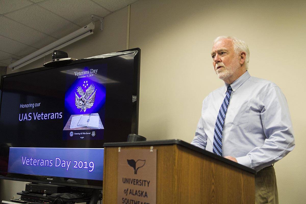 University of Alaska Southeast Chancellor Rick Caulfield spoke at a Veterans Day celebration held by UAS on Monday, Nov. 11, 2019. (Michael S. Lockett | Juneau Empire)