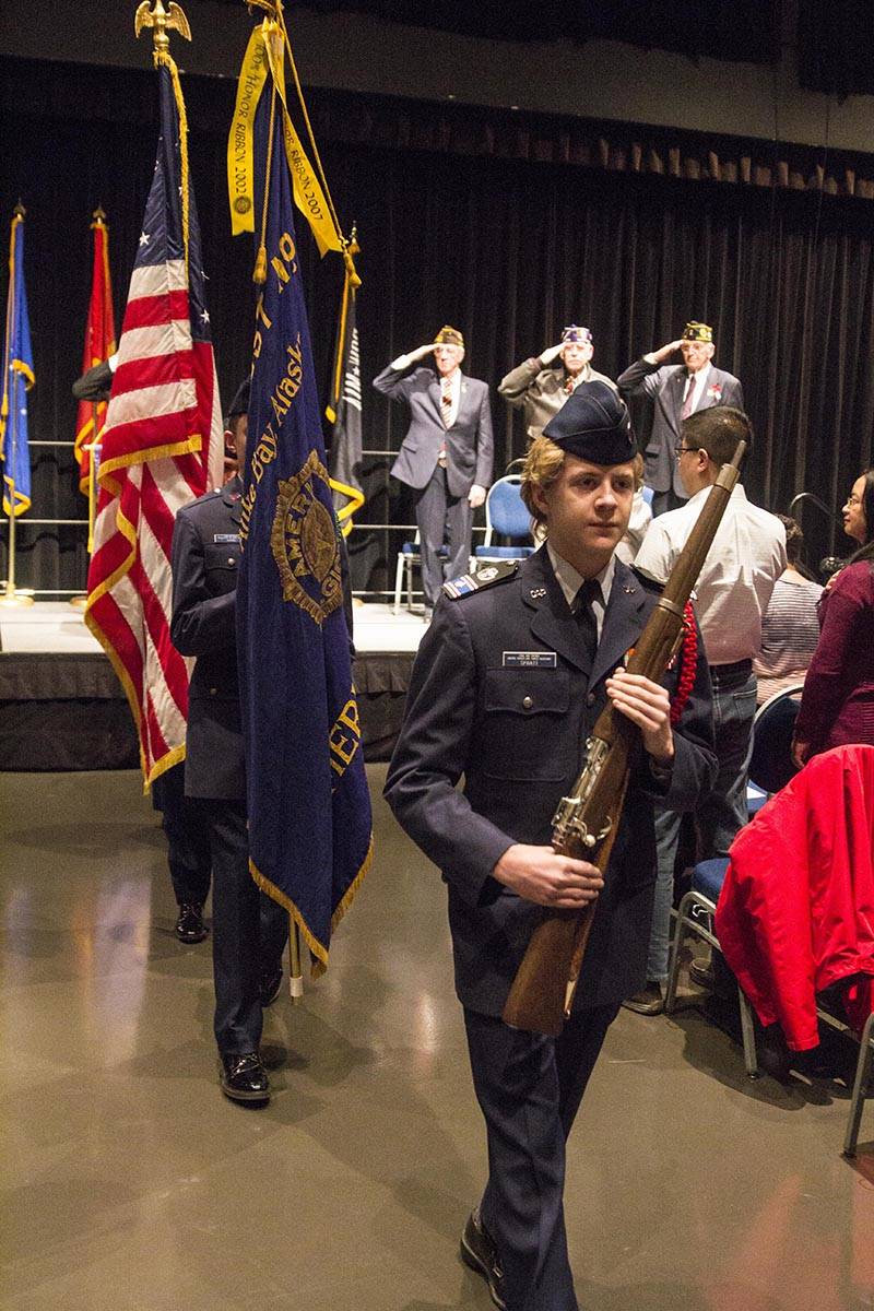 Civil Air Patrol cadets retire the colors during a Veterans Day ceremony in Centennial Hall, Nov. 11, 2019. (Michael S. Lockett | Juneau Empire)