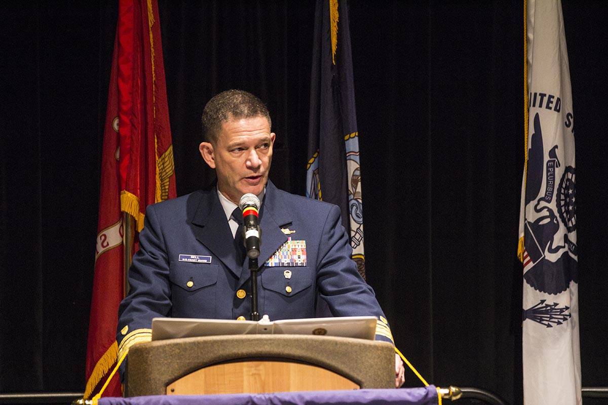 Rear Adm. Matthew Bell, commander of U.S. Coast Guard District 17, gives a speech during a Veterans Day ceremony in Centennial Hall, Nov. 11, 2019. (Michael S. Lockett | Juneau Empire)