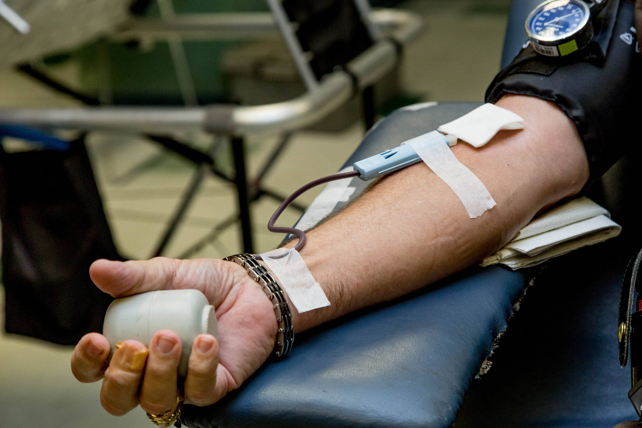 In this stock photo, a person’s blood is collected during blood donation. Next week, residents of Gustavus will have blood samples taken for a study that will determine what quantities of so-called “forever chemicals” are in their blood and how that may correlate to the chemicals present in drinking water. (Unsplash | LuAnn Hunt)
