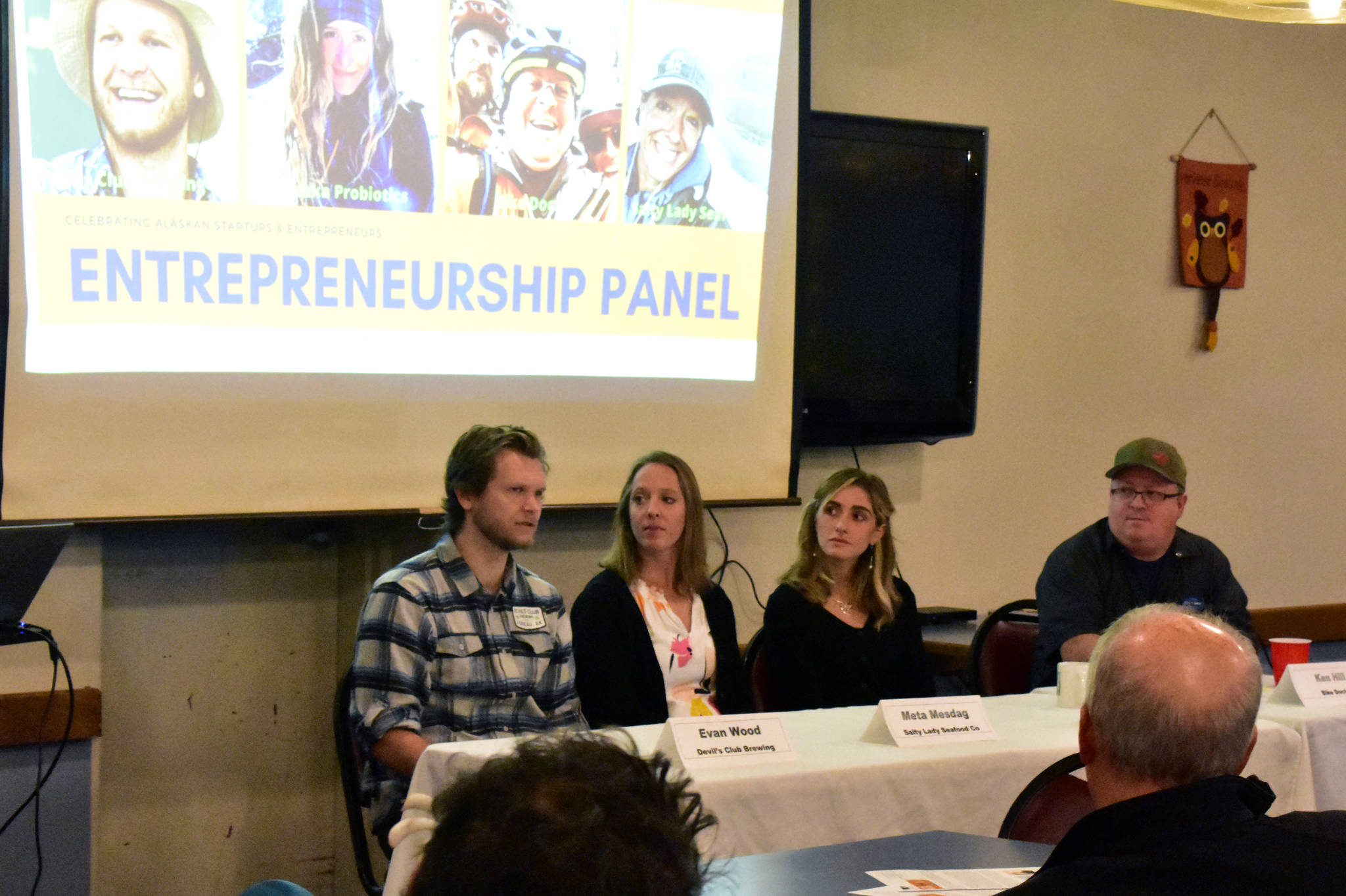 From left, Evan Wood of Devil’s Club Brewing; Meta Mesdag of Salty Lady Seafood Co.; Kaila Buerger of Alaska Probiotics and Ken Hill of Juneau Bike Doctor. They were invited to speak for an Entrepreneurship Panel at the Juneau Chamber of Commerce Luncheon at the Moose Family Lodge on Thursday, Nov. 14, 2019. (Peter Segall | Juneau Empire)