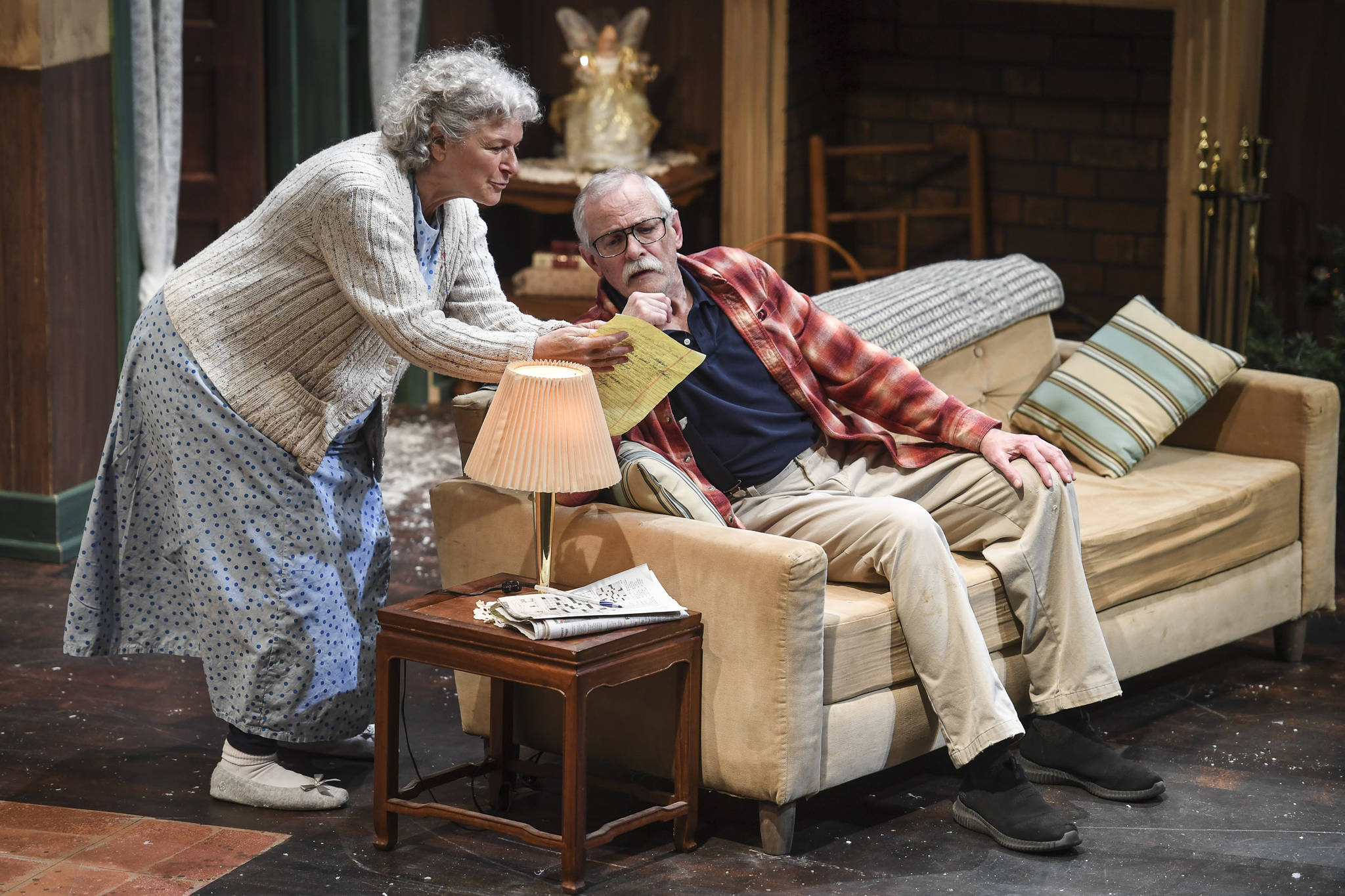 Clifford, played by Charlie Cardwell, and Minnie, played by Angelina Fiordellisi, rehearse in Perseverance Theatre’s production of “With” by playwright Carter Lewis on Tuesday, Nov. 19, 2019. (Michael Penn | Juneau Empire)
