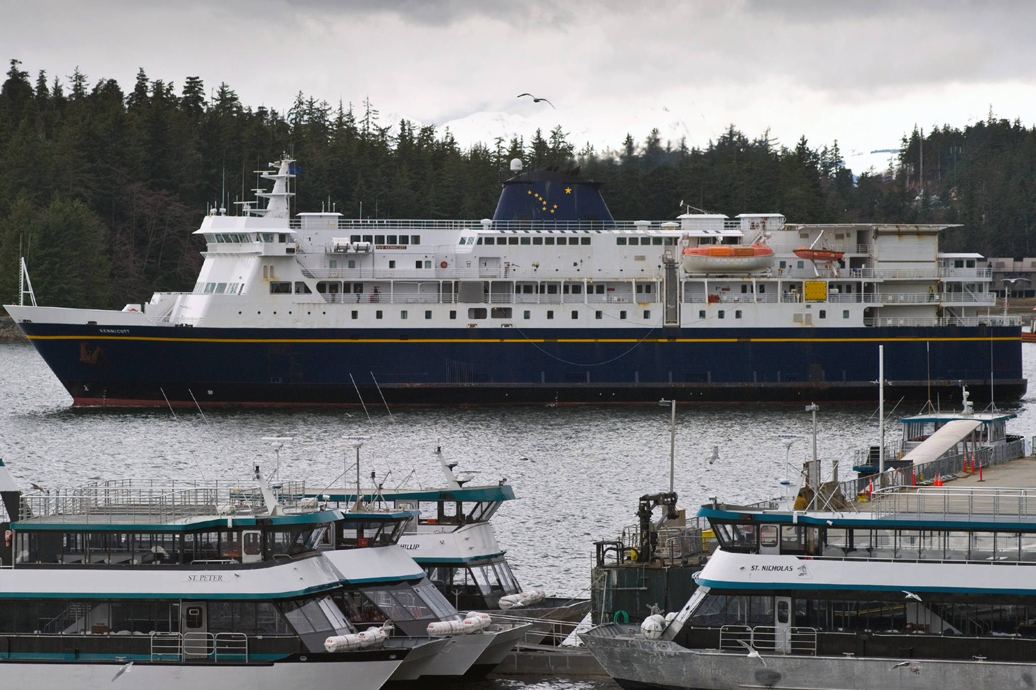 The Alaska Marine Highway System’s M/V Kennicott pulls away from the Auke Bay Ferry Terminal in this August 2014 photo. (Michael Penn | Juneau Empire File)