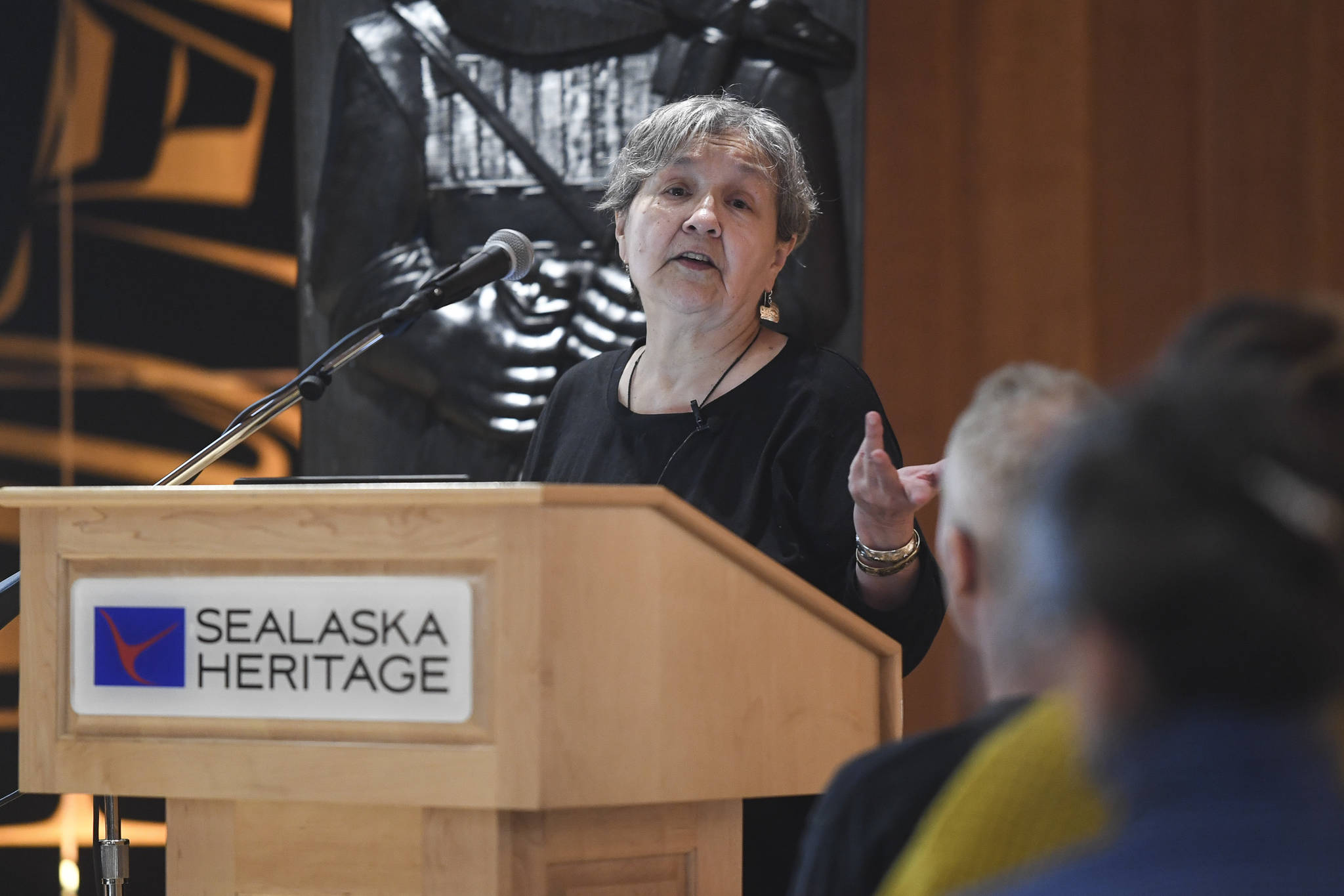 Ernestine Hayes, a Tlingit author and former Alaska State Writer Laureate from 2016-2018, gives a lecture on Juneau’s Indian Village at the Walter Soboleff Center on Monday, Nov. 18, 2019. The lecture is sponsored by the Sealaska Heritage Institute. (Michael Penn | Juneau Empire)