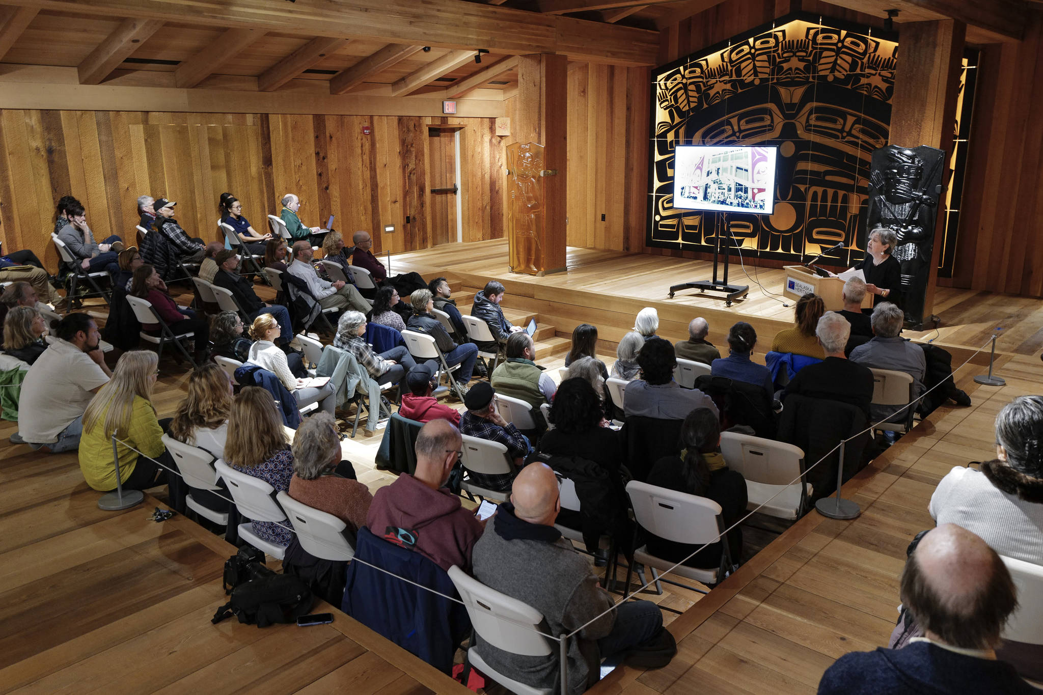 Ernestine Hayes, a Tlingit author and former Alaska State Writer Laureate from 2016-2018, gives a lecture on Juneau’s Indian Village at the Walter Soboleff Center on Monday, Nov. 18, 2019. The lecture is sponsored by the Sealaska Heritage Institute. (Michael Penn | Juneau Empire)