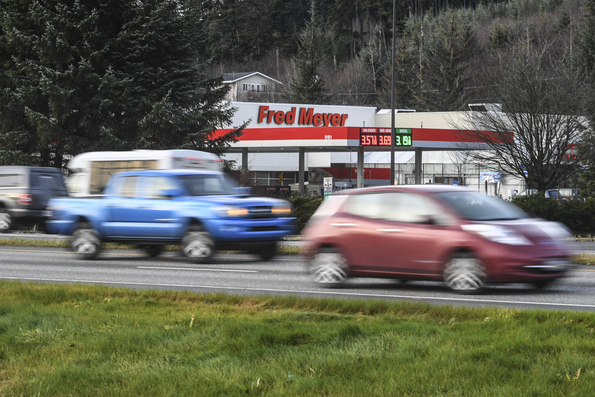 Traffic at the Fred Meyer intersection, formally known as Egan and Yandukin drives, on Tuesday, Nov. 5, 2019. The Department of Transportation and Public Facilities is holding an open house meeting at the Nugget Mall Community Room from 4-7 p.m. on Nov. 19 to share a traffic study and how DOT&PF is improving the intersection. (Michael Penn | Juneau Empire)