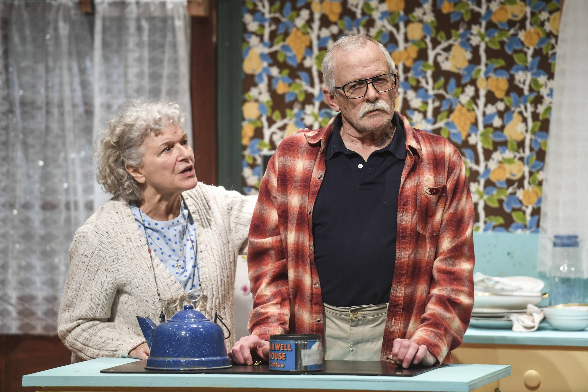 Clifford, played by Charlie Cardwell, and Minnie, played by Angelina Fiordellisi, rehearse in Perseverance Theatre’s production of “With” by playwright Carter Lewis on Tuesday, Nov. 19, 2019. “With” opens Friday Nov. 22 and runs through Dec. 15. (Michael Penn | Juneau Empire)