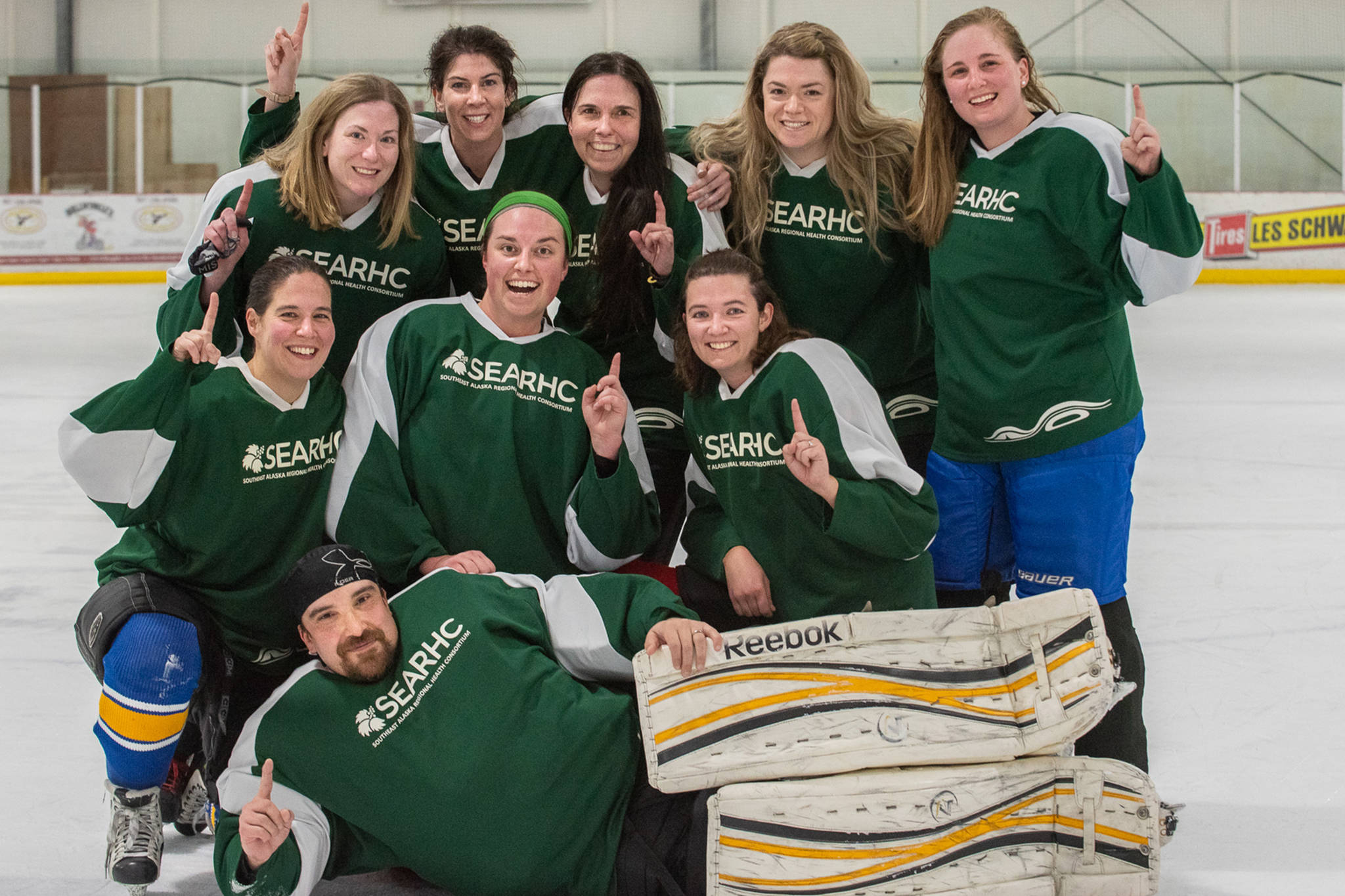 The JAHA Women’s Tier fall champions Eagle Beach pose for a photo after defeating HECLA Greens Creek 4-1 in the title game Sunday at Treadwell Arena. Eagle Beach players (not in order pictured): Amber LeBlanc, Ana Enge, Becca Parks, Brian McHenry, Carole Baker, Claire Baldwin, Emily Russo Miller, Kath Hansen, Laurel Shoop, Michele Drummond, Morgan Ramseth, Selena Higgins. (Courtesy Photo | Claire Baldwin)