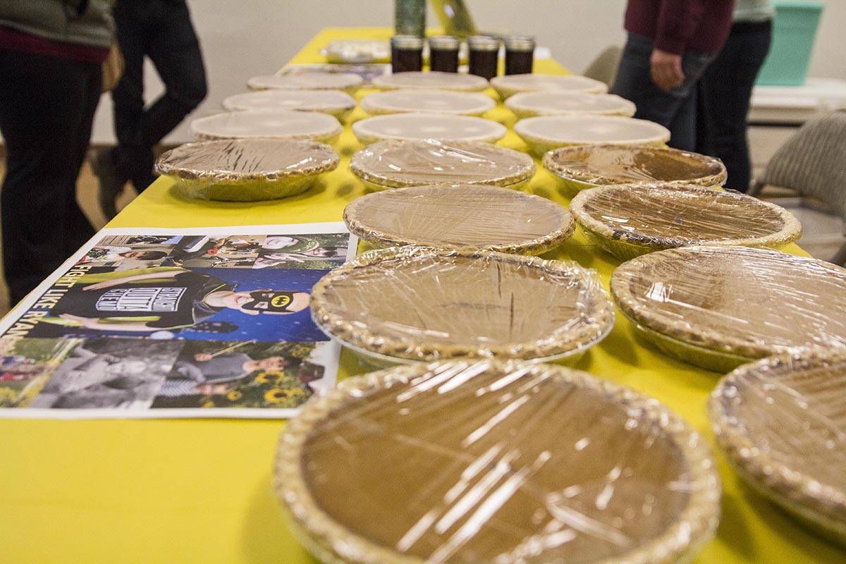 Friends of the Leonard family made pies to raise money for Ryan Leonard’s cancer treatment, selling the pies before Thanksgiving, Nov. 27, 2019. (Michael S. Lockett | Juneau Empire)
