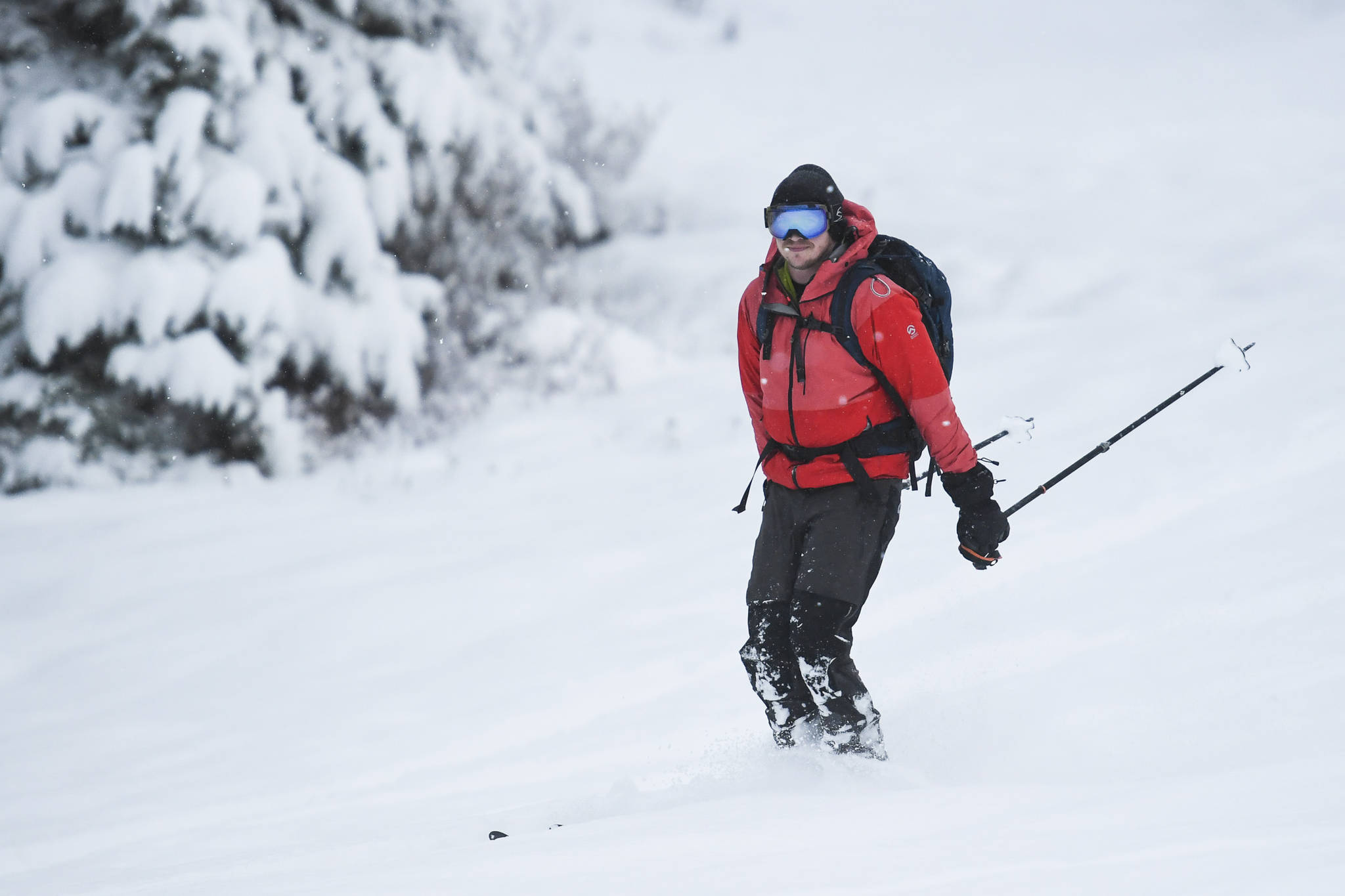 Ted Hanrahan, a ski patroller for the Eaglecrest Ski Area, makes his way down the slopes on Tuesday, Dec. 3, 2019. (Michael Penn | Juneau Empire)