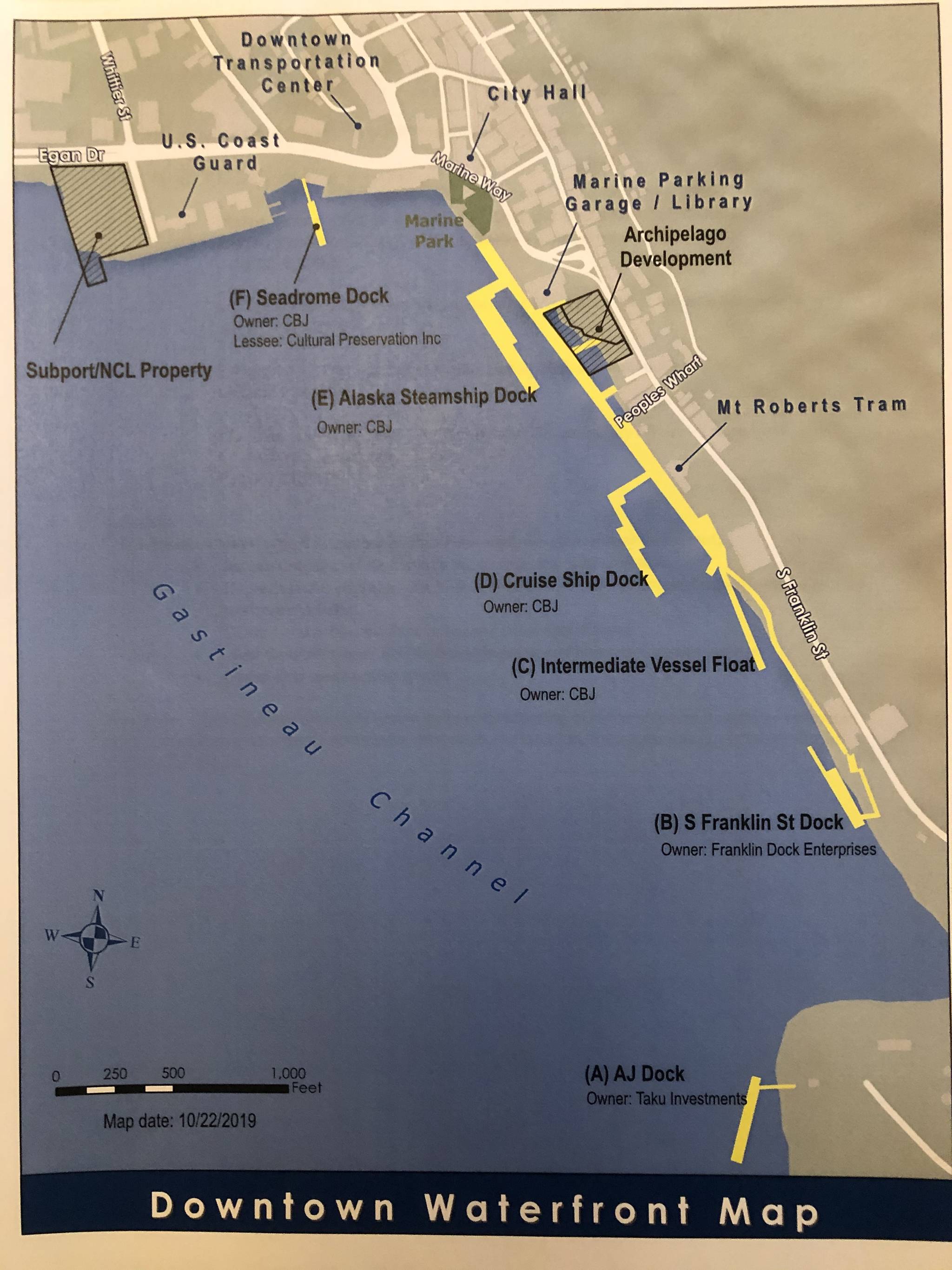 A map of Juneau’s cruise ship docks handed out to attendees at the Juneau Chamber of Commerce luncheon at the Moose Family Lodge on Thursday, Dec. 5, 2019. (Peter Segall | Juneau Empire)