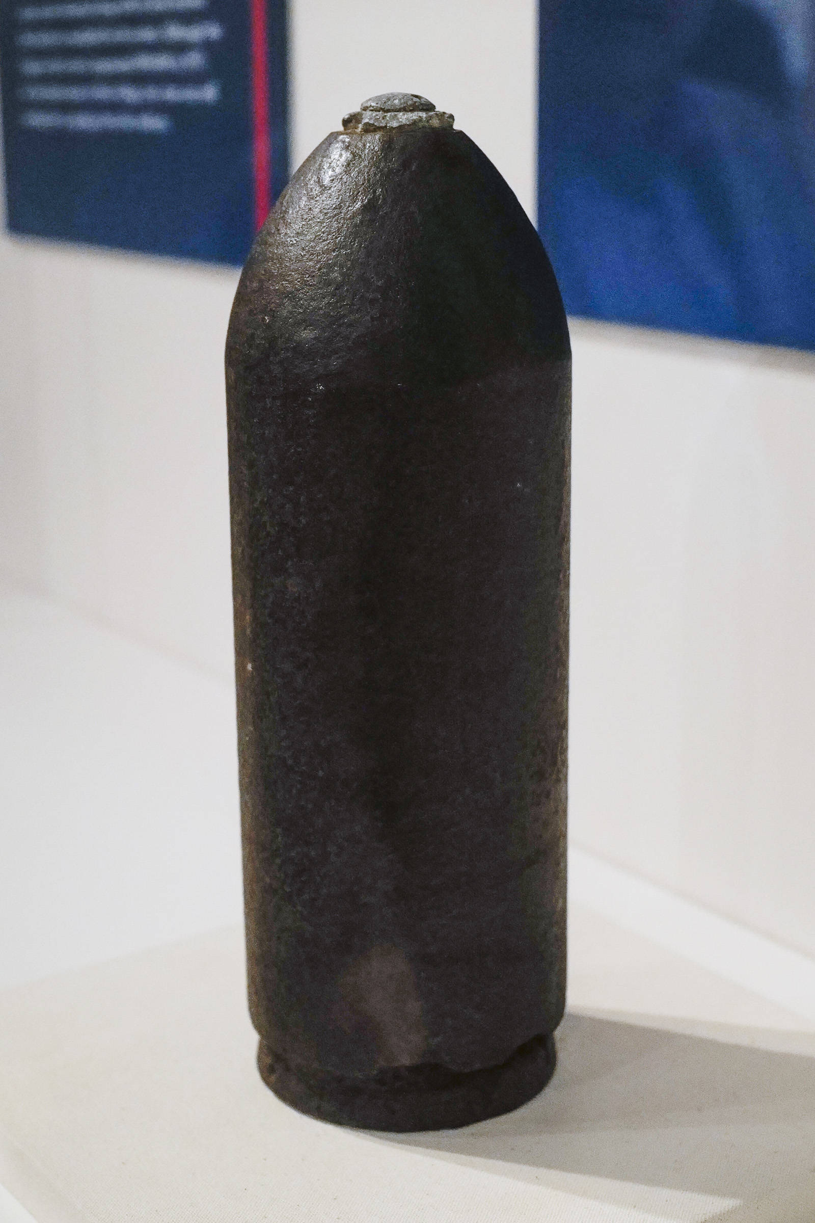 A U.S. Navy shell used in the bombardment of Kake in 1869 by the U.S.S. Saginaw on display in the new temporary exhibit, “War & Peace” in the Sealaska Heritage Institute’s gallery on Friday, Dec. 6, 2019. The exhibit opens Friday, Dec. 6, for Gallery Walk and will be up until February. (Michael Penn | Juneau Empire)