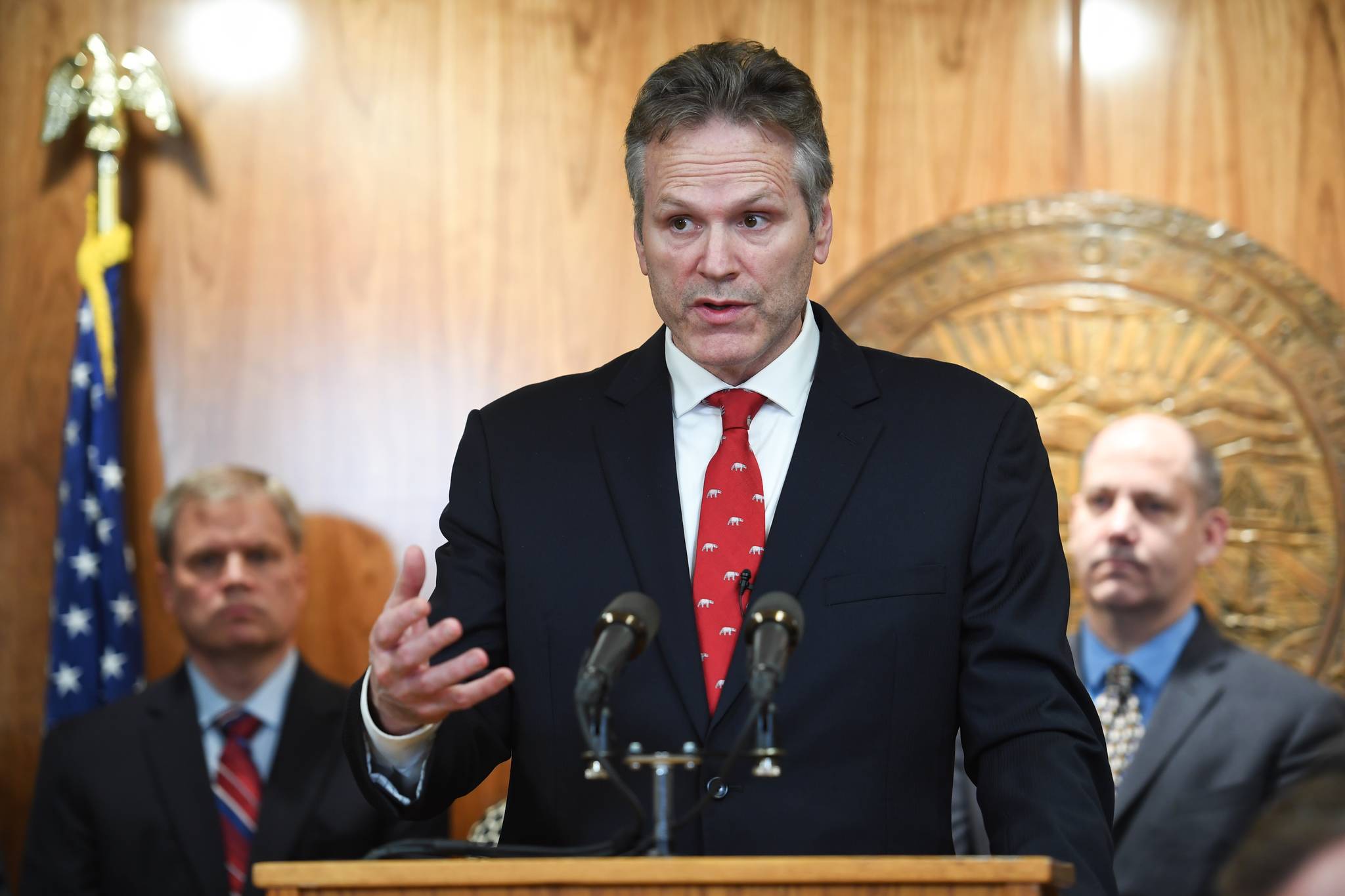 Gov. Mike Dunleavy announces his state budget during a press conference at the Capitol on Wednesday, Dec. 11, 2019. (Michael Penn | Juneau Empire)