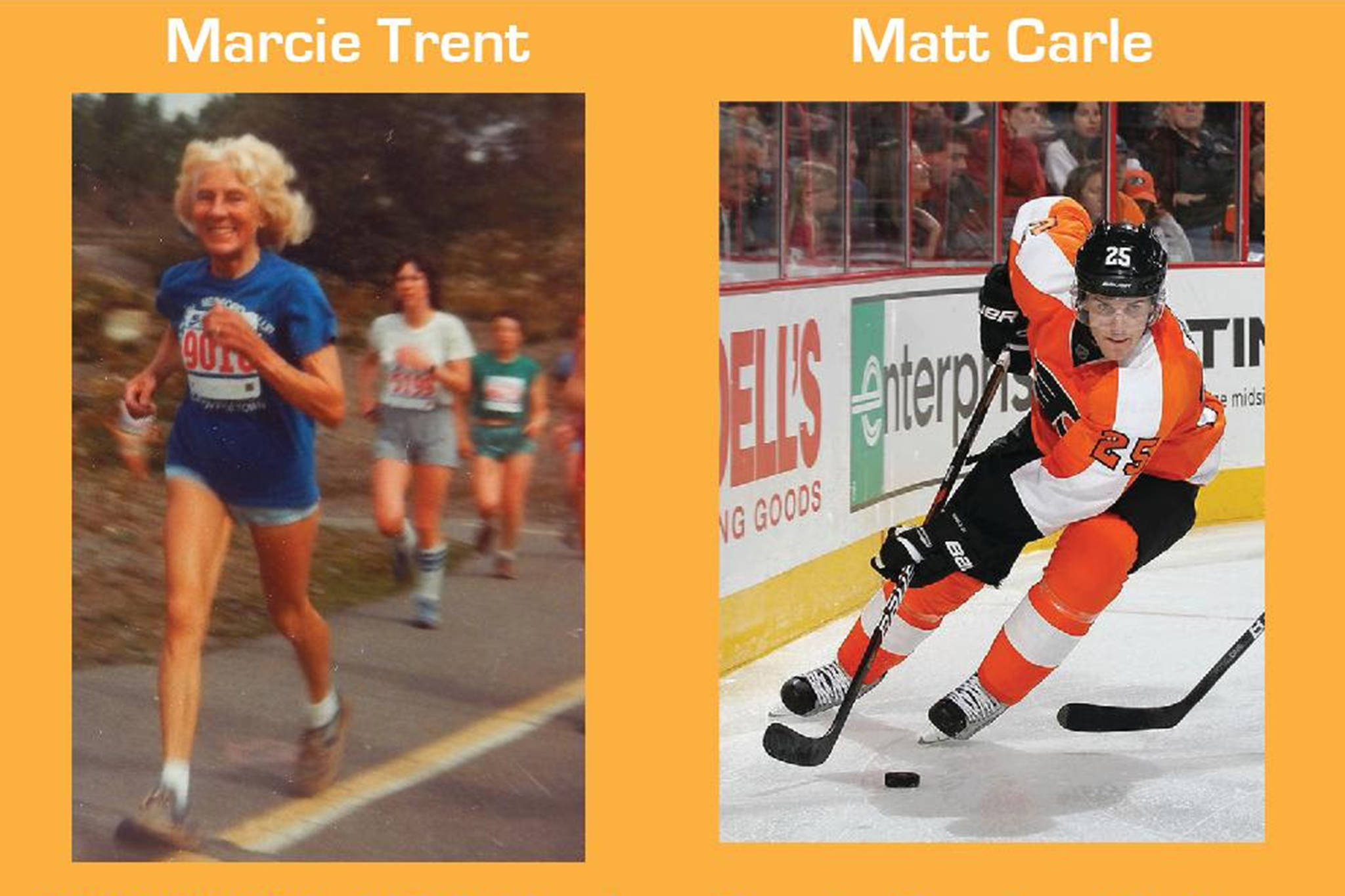 Running pioneer Marcie Trent and hockey professional Matt Carle will headline the Alaska Sports Hall of Fame Class of 2020. (Courtesy Photo | Alaska Sports Hall of Fame)