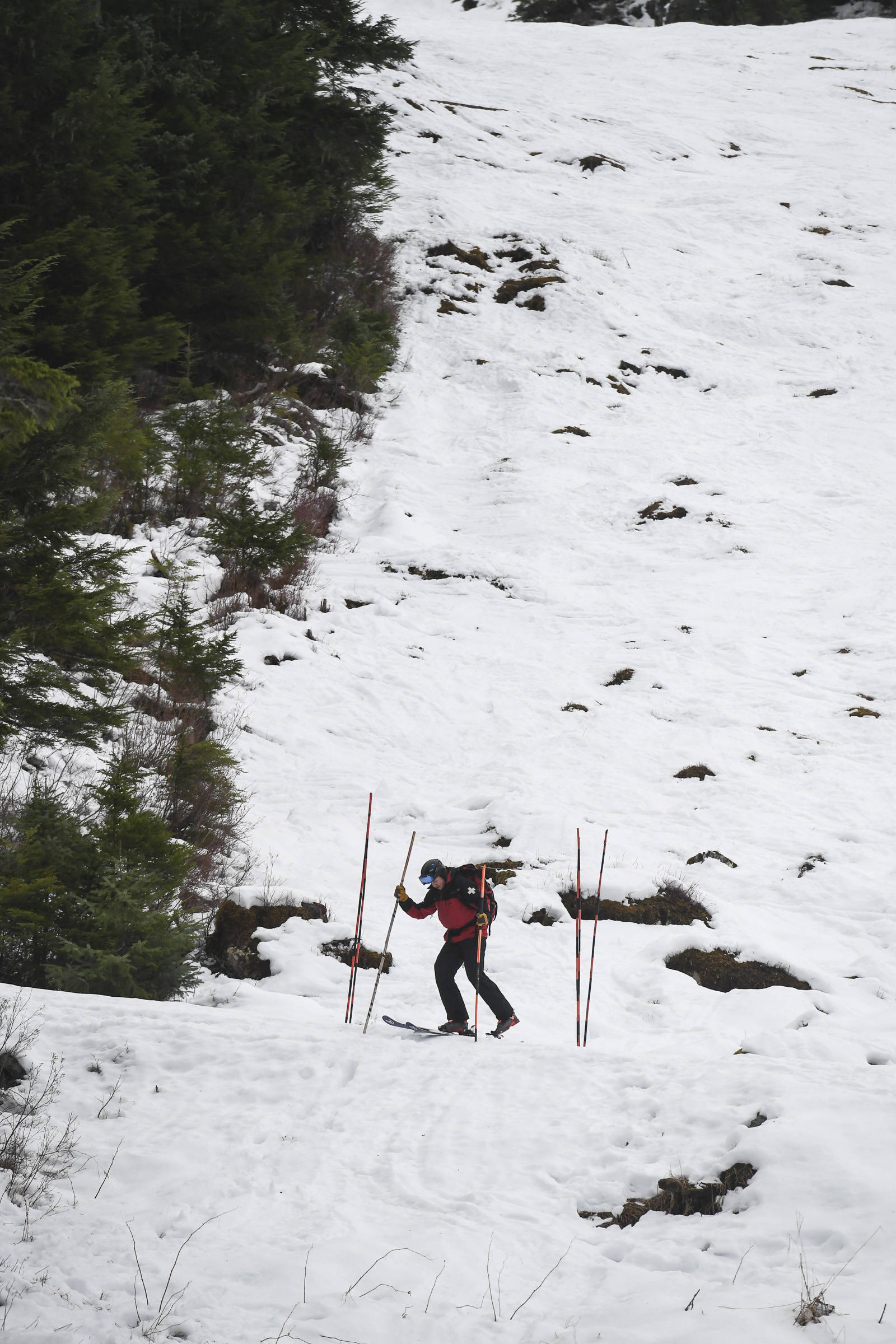 Ski Patroller Ted Hanrahan takes down bamboo hazard markers on Lower Hilary’s at Eaglecrest Ski Area on Thursday, Dec. 12, 2019. (Michael Penn | Juneau Empire)
