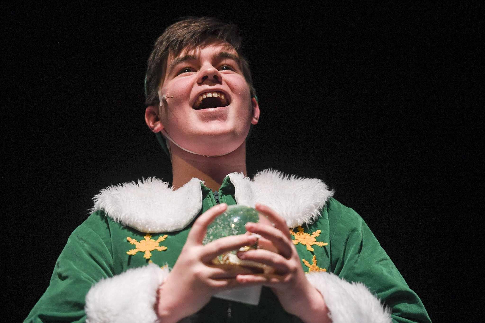 Toby Russell, stars as Buddy the Elf, during rehearsal of “Elf the Musicial” at Juneau-Douglas High School: Yadaa.at Kalé on Friday, Dec. 13, 2019. (Michael Penn | Juneau Empire)