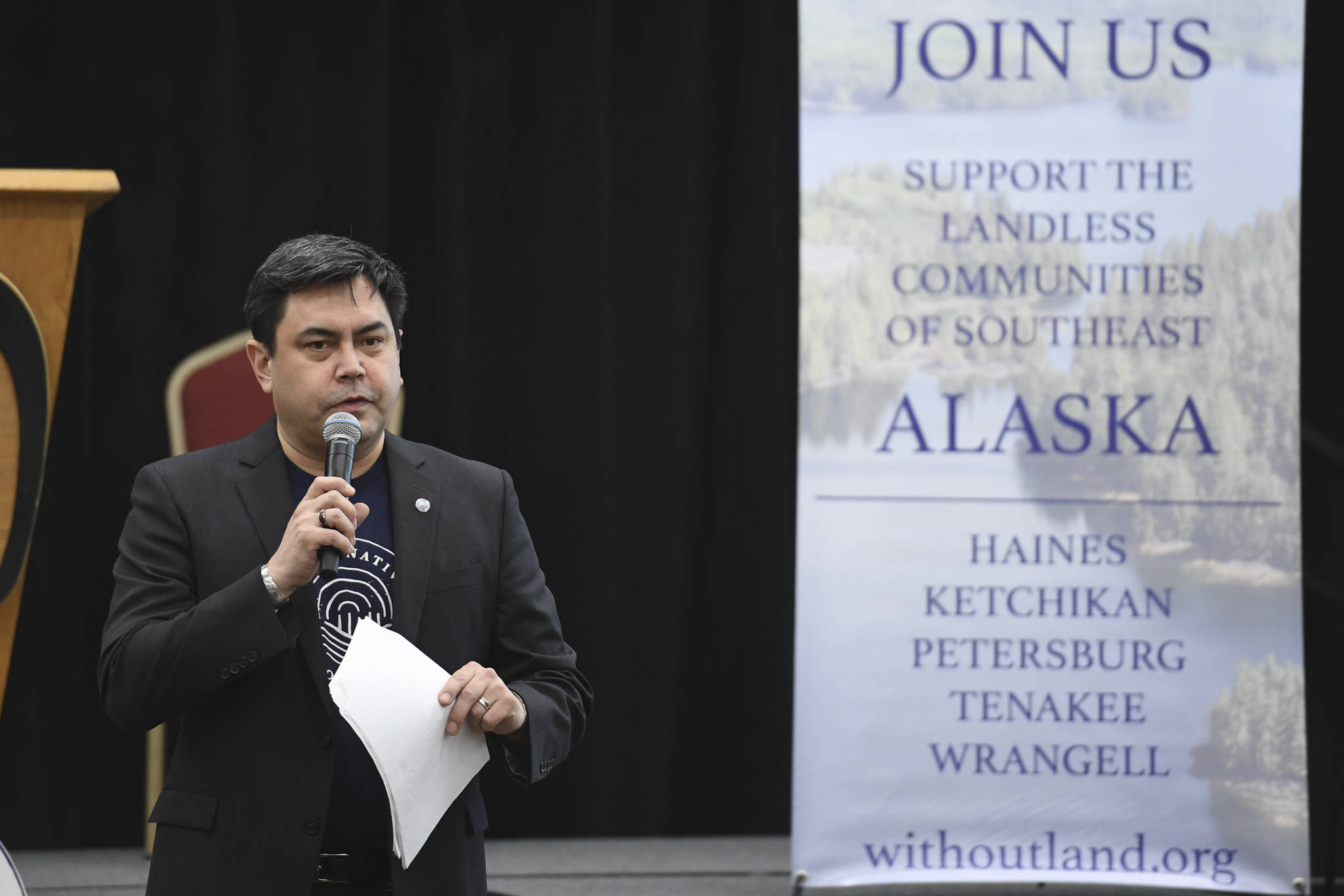 Organizer Todd Antioquia speaks during a presentation about communities left out of the Alaska Native Claims Settlement Act at Elizabeth Peratrovich Hall on Saturday, Dec. 14, 2019. (Michael Penn | Juneau Empire)