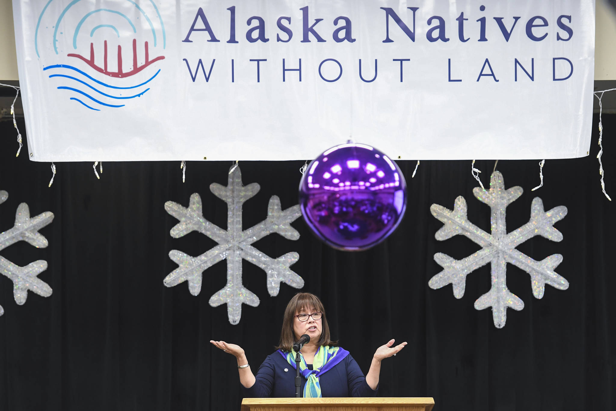 Cecilia Tavoliero of Petersburg speaks during a presentation about communities left out of the Alaska Native Claims Settlement Act at Elizabeth Peratrovich Hall on Saturday, Dec. 14, 2019. (Michael Penn | Juneau Empire)