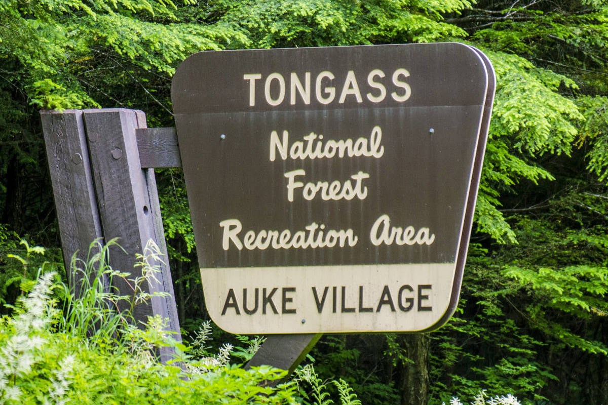 The Tongass National Forest sign stands near the Auke Village Recreation Area. (Juneau Empire File)