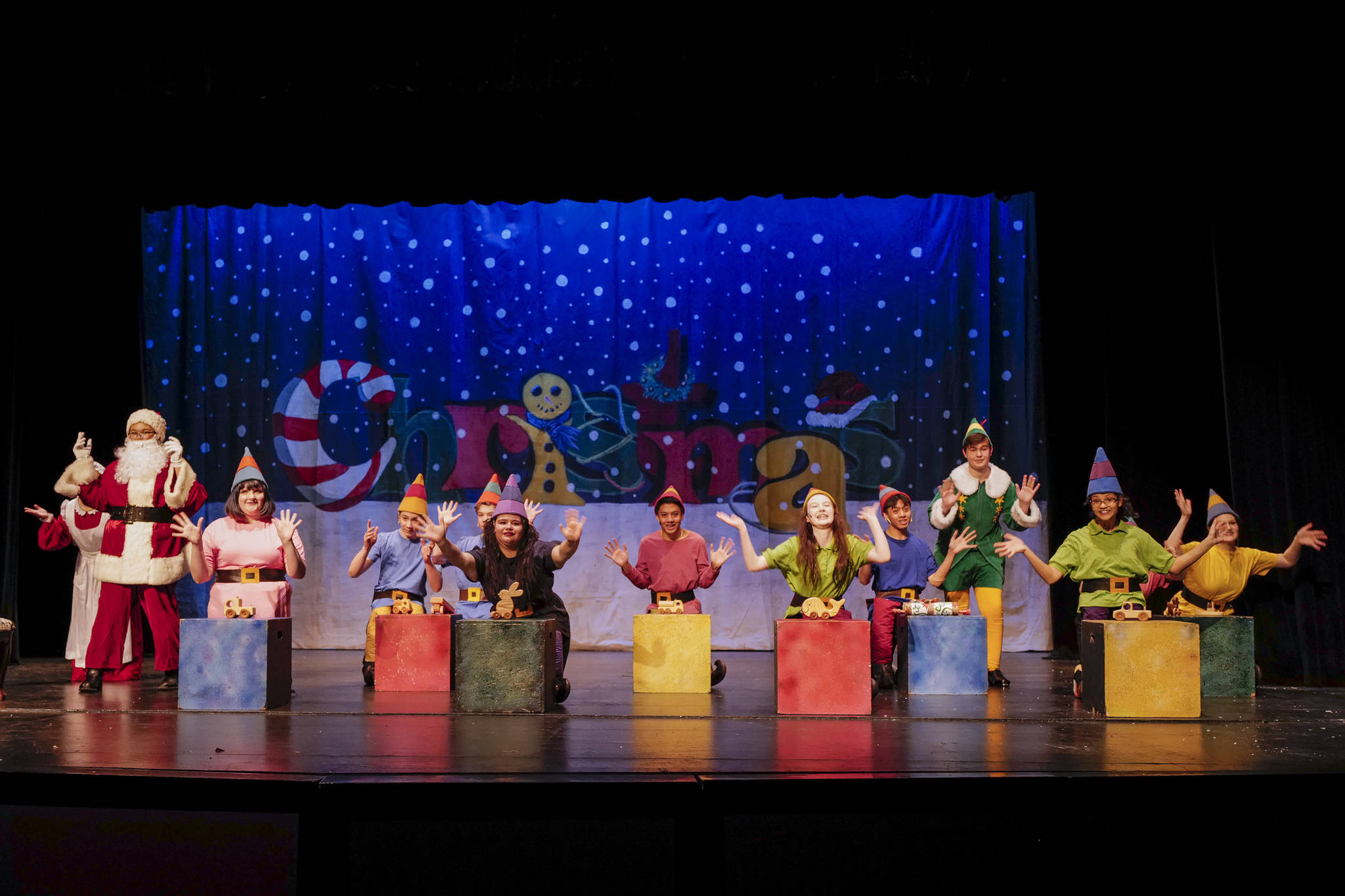 The cast of “Elf, the Musicial” rehearses at Juneau-Douglas High School: Yadaa.at Kalé on Friday, Dec. 13, 2019. (Michael Penn | Juneau Empire)