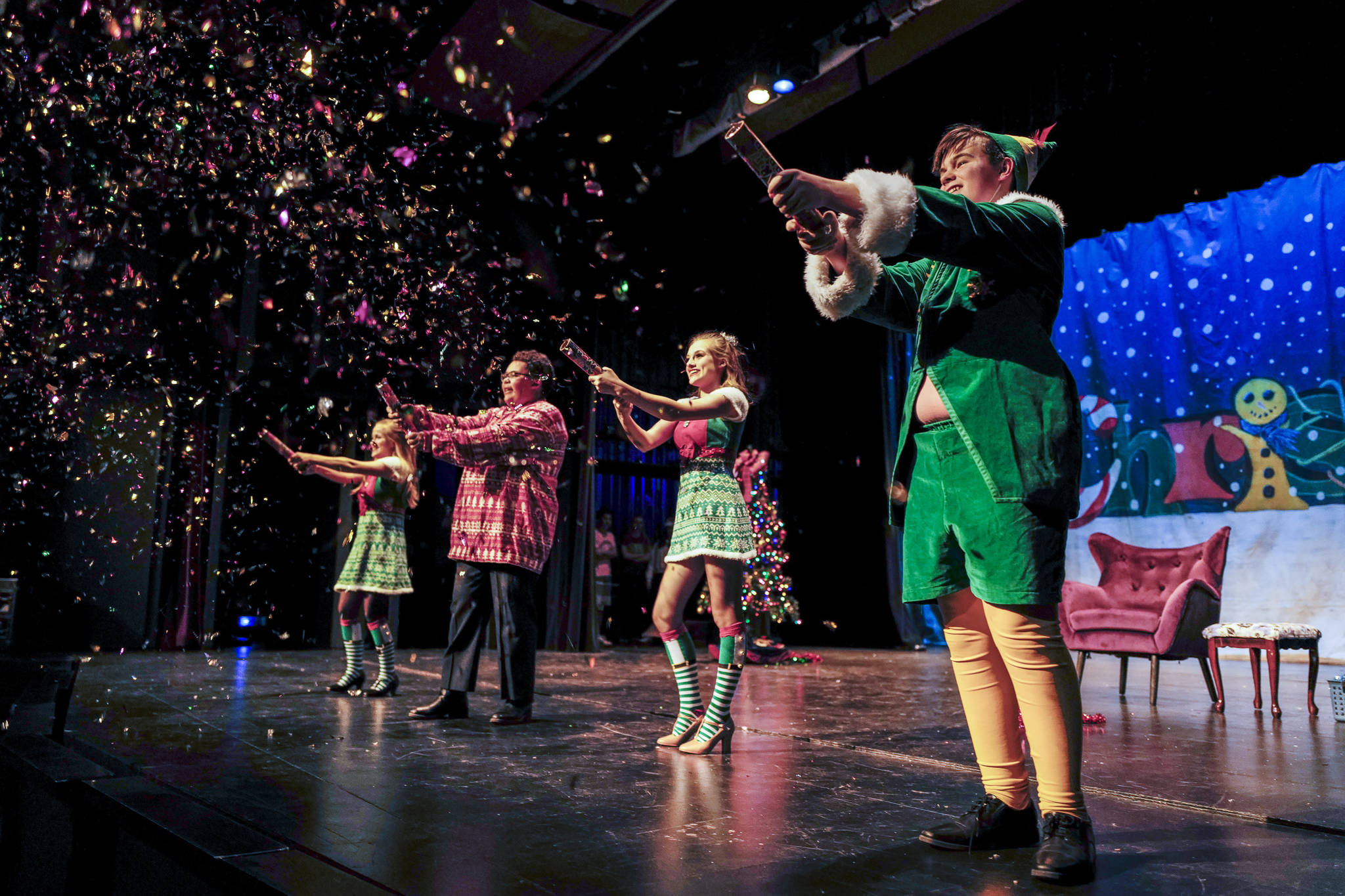 Shelby Yor, left, Roman Mahanyu, Kayla Kohlhase and Toby Russell, right, rehearse “Elf, the Musicial” at Juneau-Douglas High School: Yadaa.at Kalé on Friday, Dec. 13, 2019. (Michael Penn | Juneau Empire)rehearse “Elf, the Musicial” at Juneau-Douglas High School: Yadaa.at Kalé on Friday, Dec. 13, 2019. (Michael Penn | Juneau Empire)