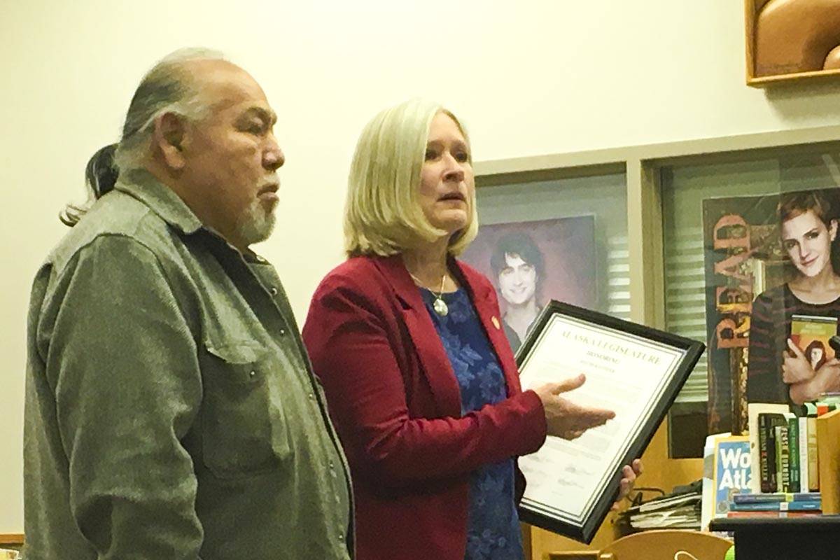 Rep. Andi Story of the Alaska State Legislature talks about David Katzeek, a teacher with many years of experience ensuring the place of the Tlingit language and culture in the Juneau School District during a Board of Education meeting Tuesday, Dec. 17, 2019. (Michael S. Lockett | Juneau Empire)