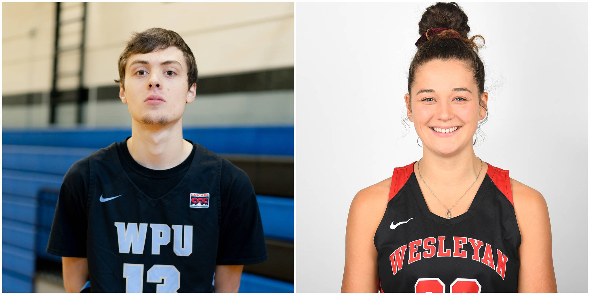 Warner Pacific University’s Kaleb Tompkins, left, and Wesleyan University’s Ava Tompkins, right. (Courtesy Photos | Cortney White and Steve McLaughlin Photography)
