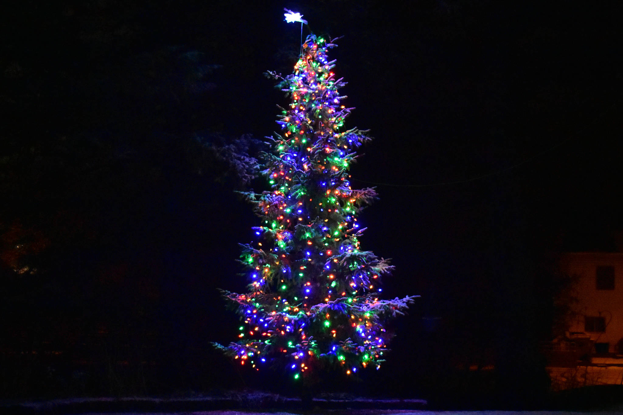 A Christmas tree behind the Douglas Community Methodist Church in Douglas on Saturday, Dec. 22, 2019. (Peter Segall | Juneau Empire)