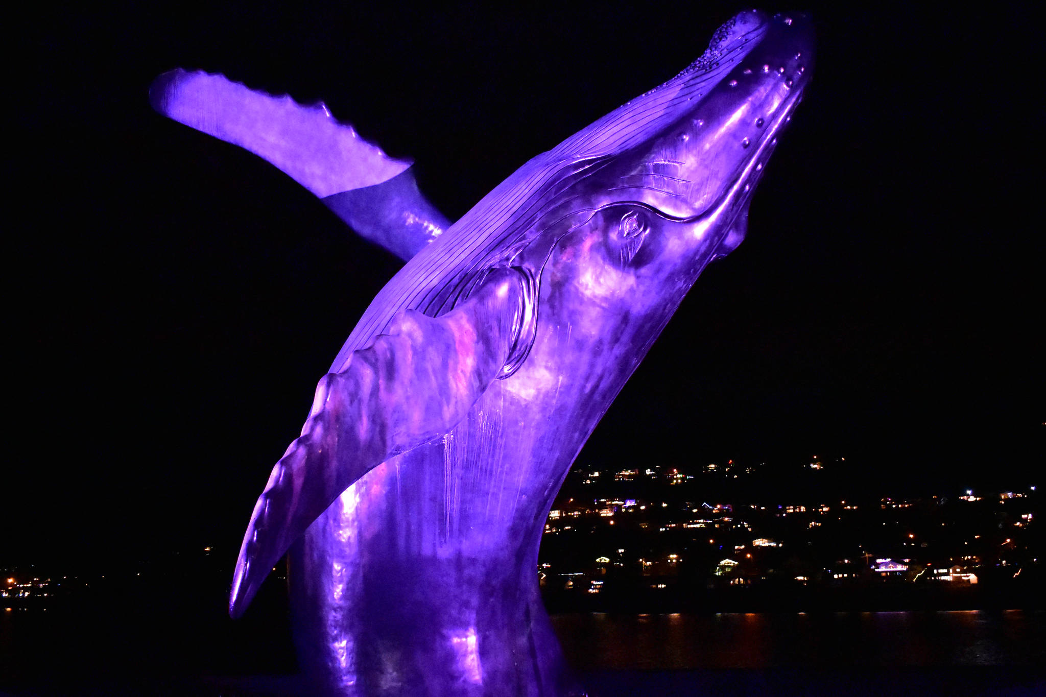 Breaching whale statue in Mayor Bill Overstreet park on Monday, Dec. 23, 2019. (Peter Segall | Juneau Empire)