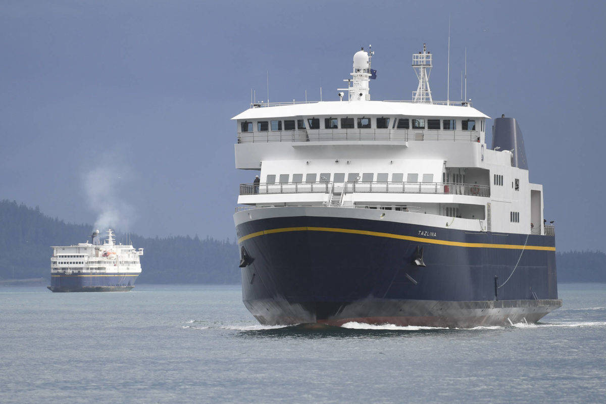 In this file photo, the Alaska Marine Highway System’s Tazlina, right, arrives at the Auke Bay Terminal as the Kennicott departs on Wednesday, July 24, 2019. (Michael Penn | Juneau Empire File)