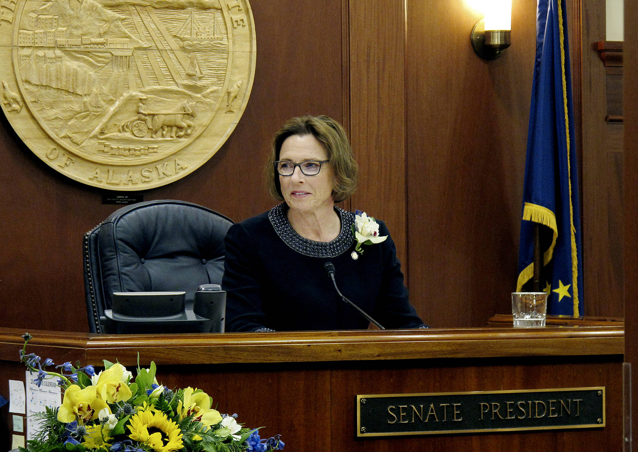 In this Jan. 15, 2019, file photo, Anchorage Republican state Sen. Cathy Giessel is shown after being elected Alaska Senate president in Juneau, Alaska. During her first year as Alaska Senate president, Giessel won over one-time political adversaries and angered some within her own party for her willingness to buck Gov. Mike Dunleavy, a fellow Republican, on key pieces of his agenda. (AP Photo | Becky Bohrer File)