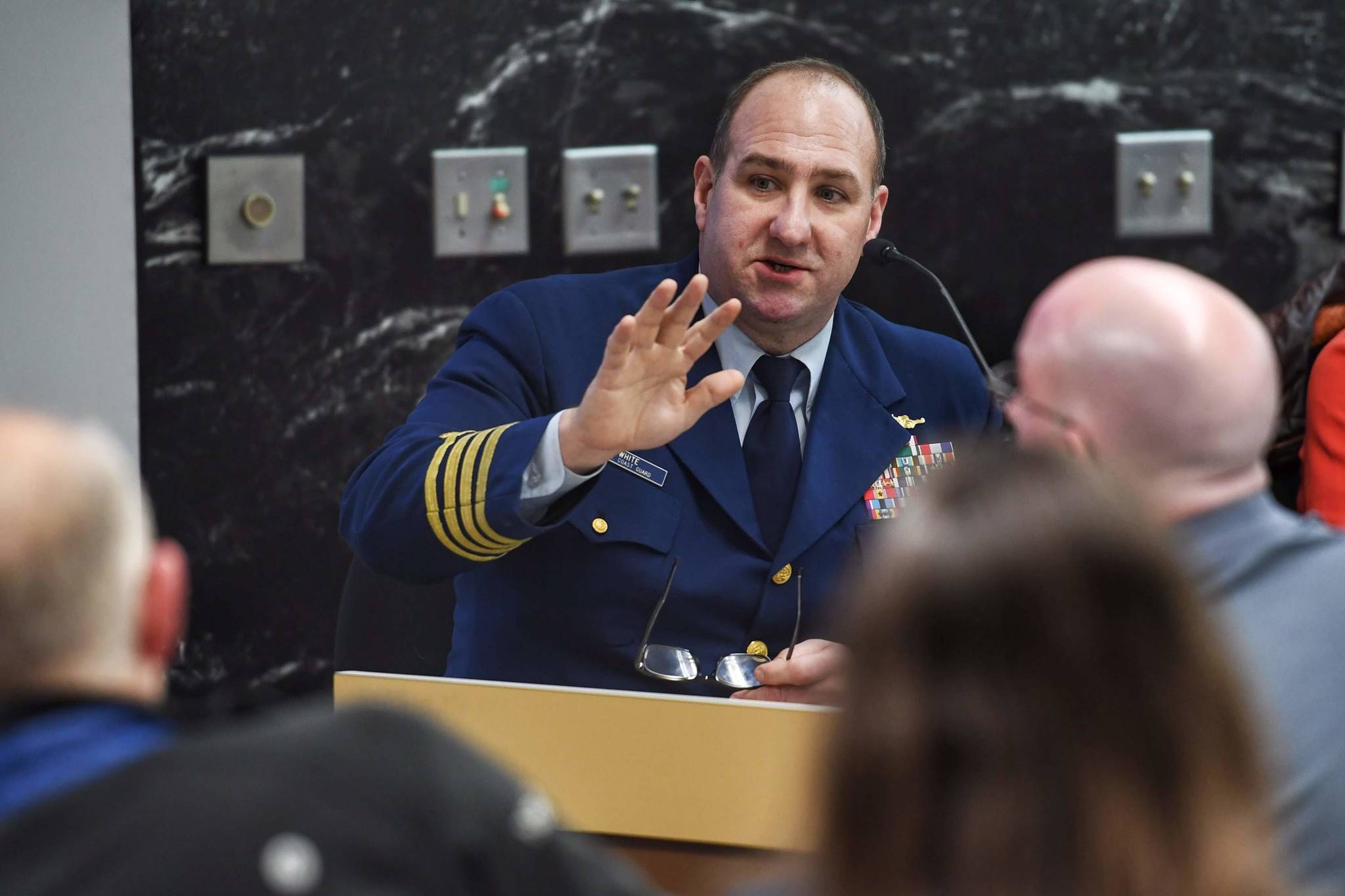 U.S. Coast Guard Capt. Steve White makes a presentation to the Visitor Industry Task Force during its meeting Tuesday, Jan. 7, 2020. (Michael Penn | Juneau Empire)